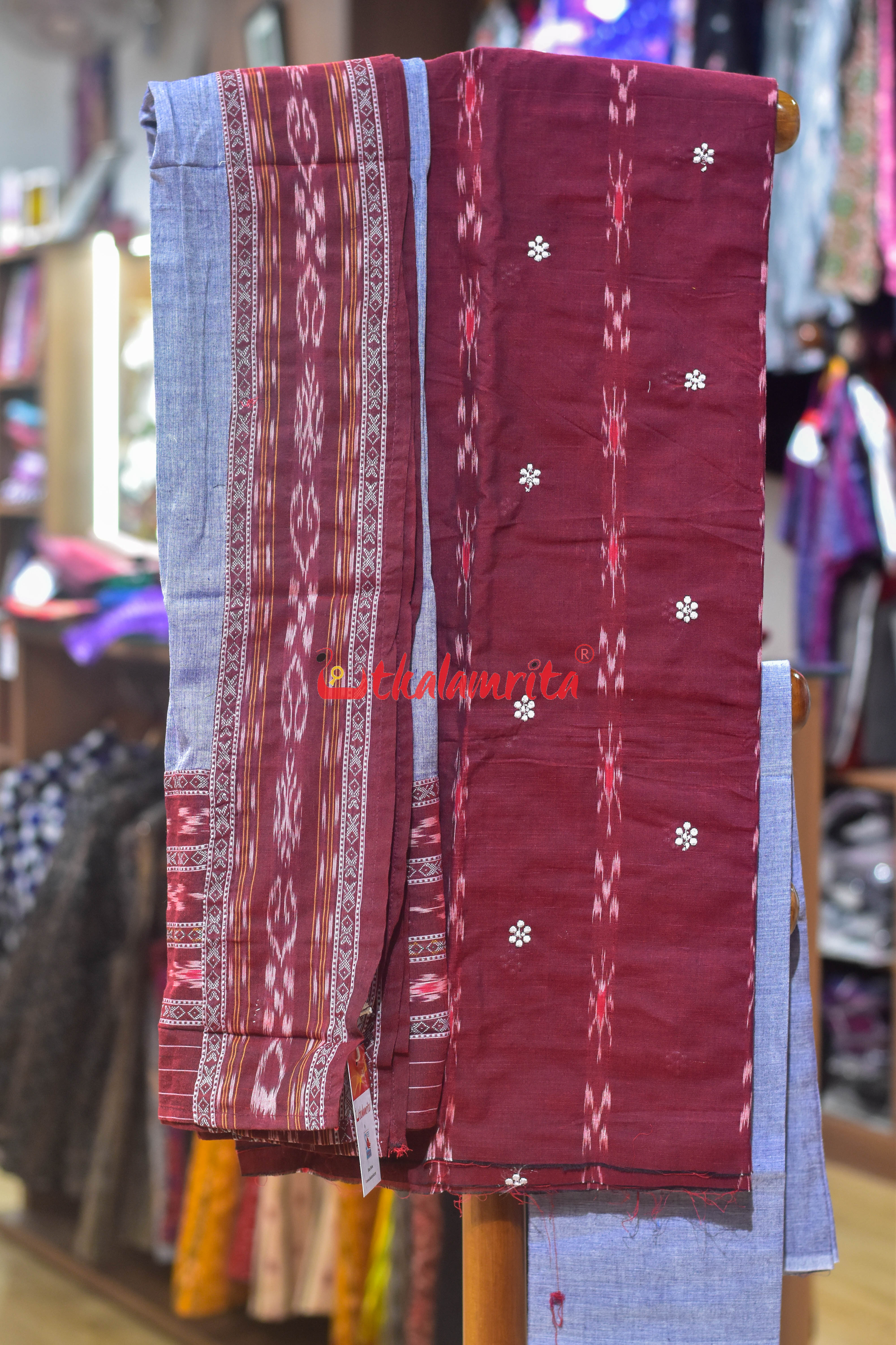 Maroon Blue Simple Pasapali Flower Dress Set