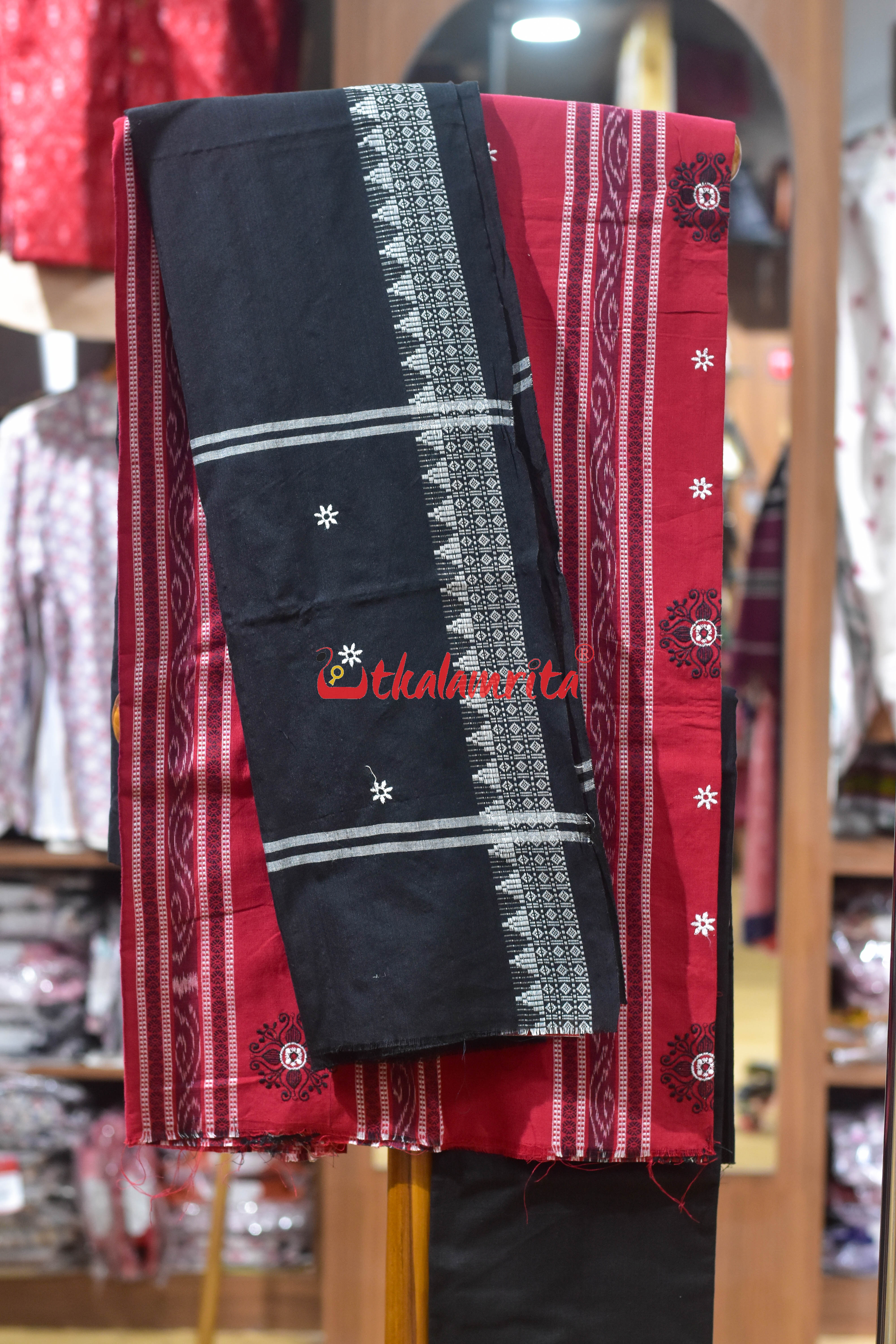 Red Black Flower Bomkai Cotton Dress Set