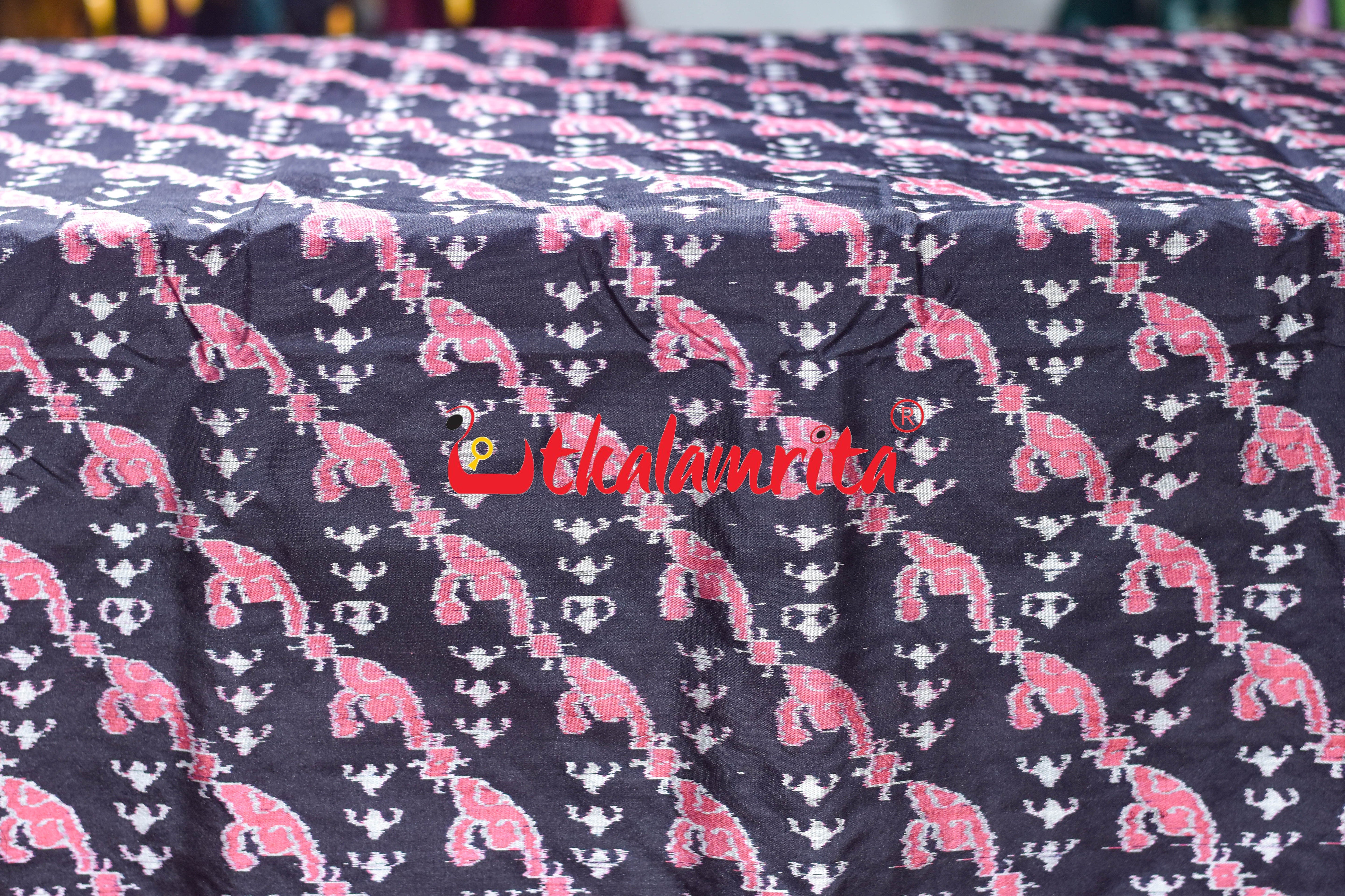 Pink Blooms on Black Sambalpuri Silk (Fabric)