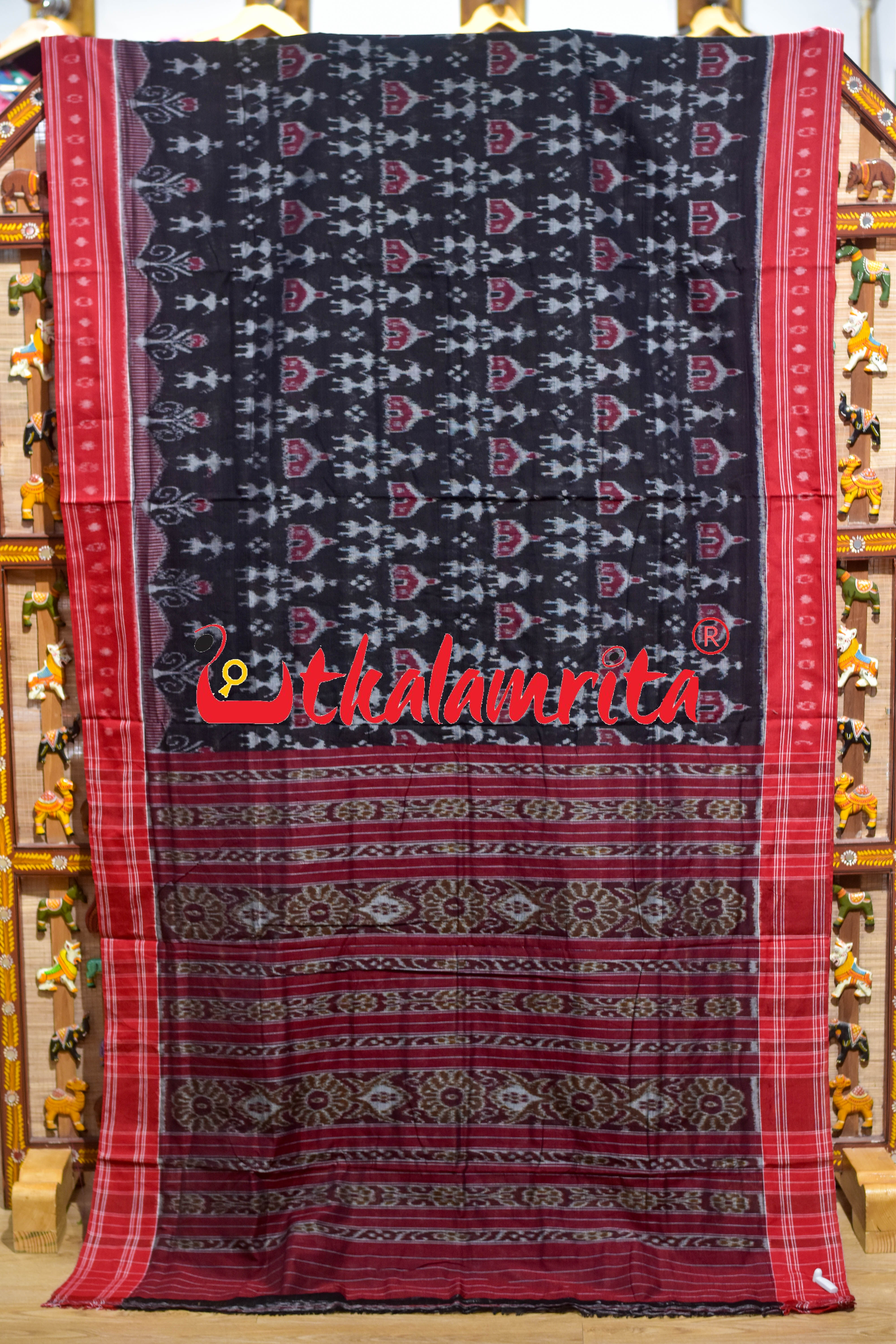 Black Red Tribal Homes Khandua Cotton Saree