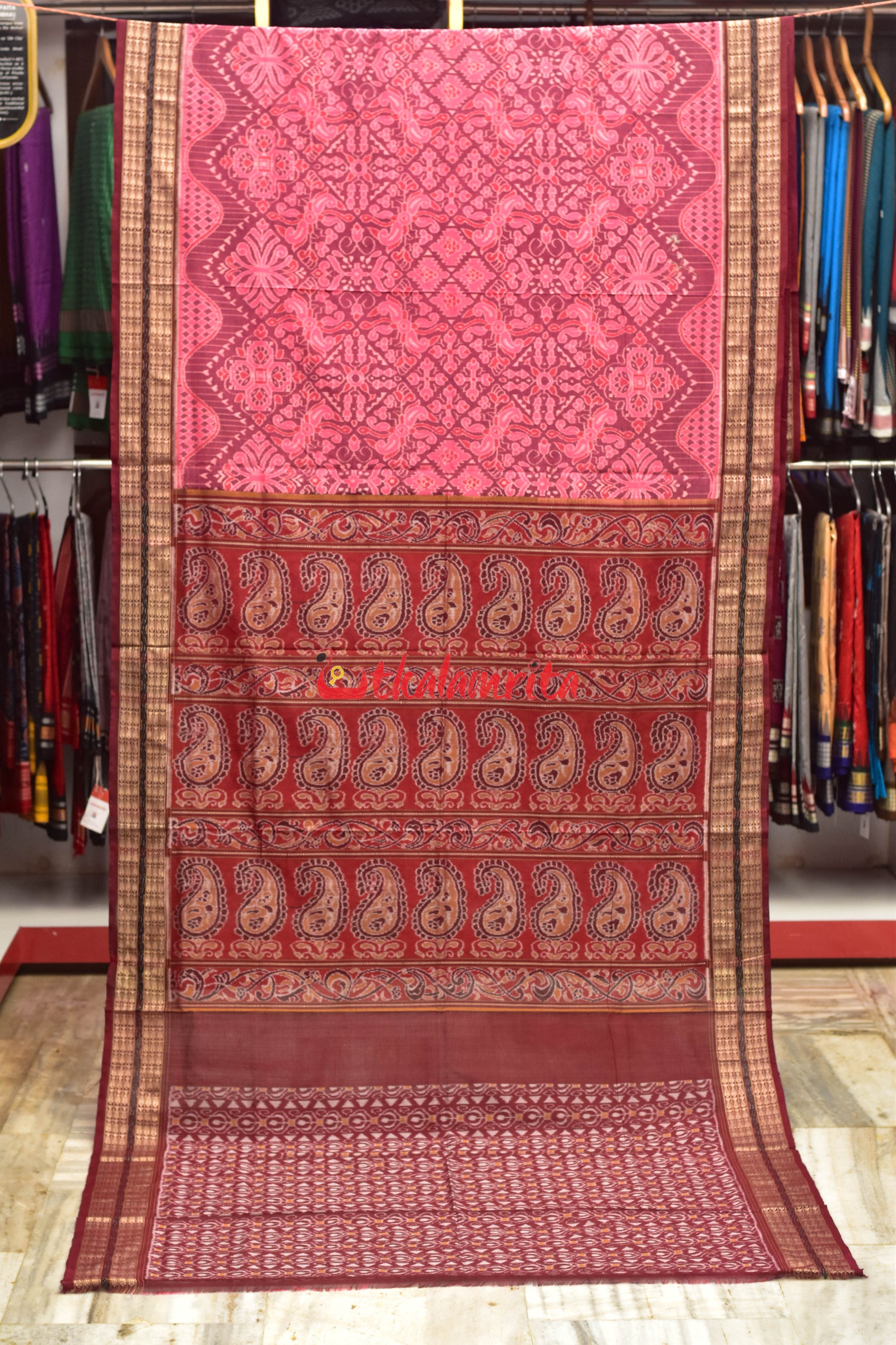 Pink Flowers Body Bandha Sambalpuri Cotton Saree