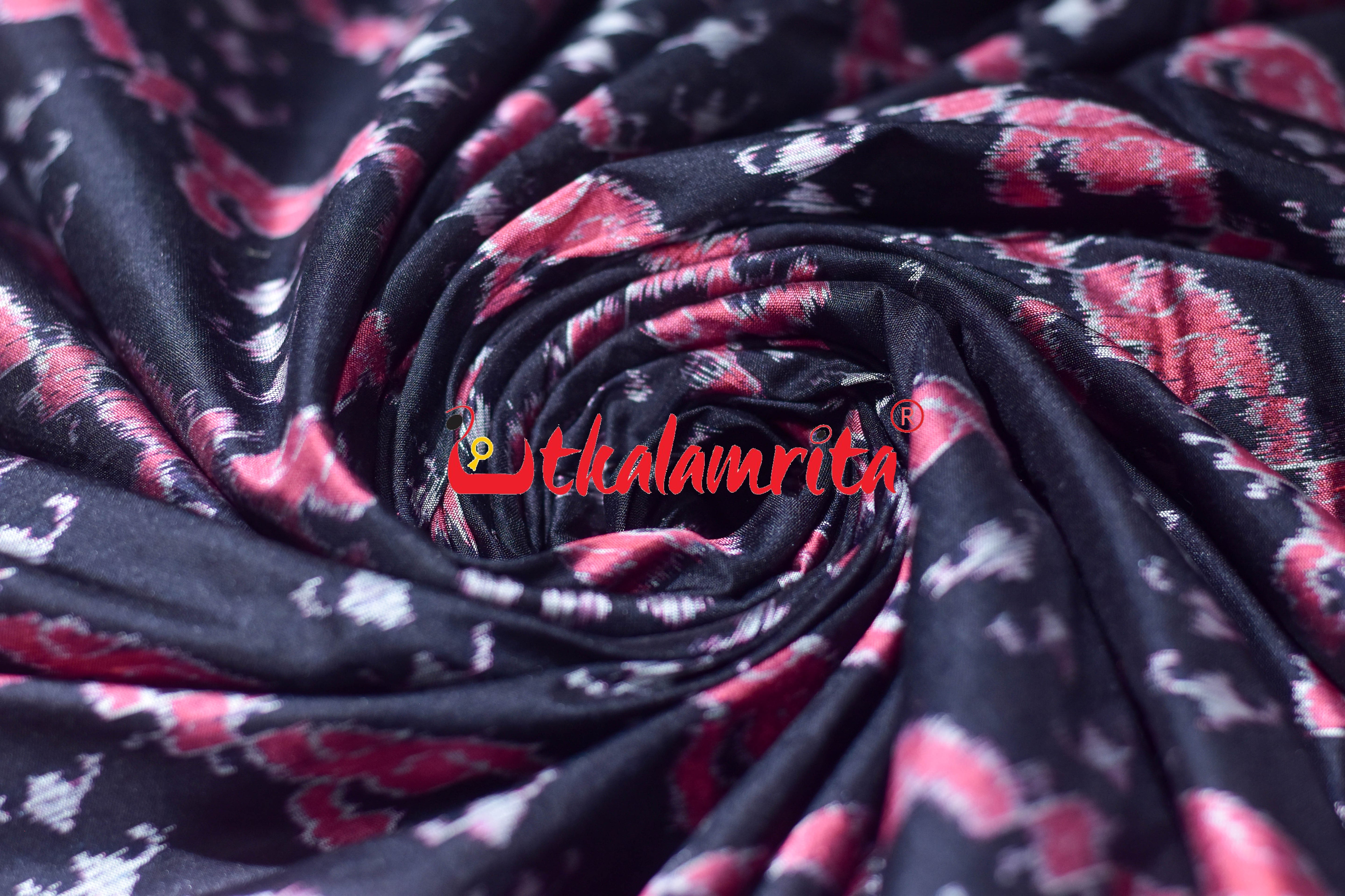 Pink Blooms on Black Sambalpuri Silk (Fabric)