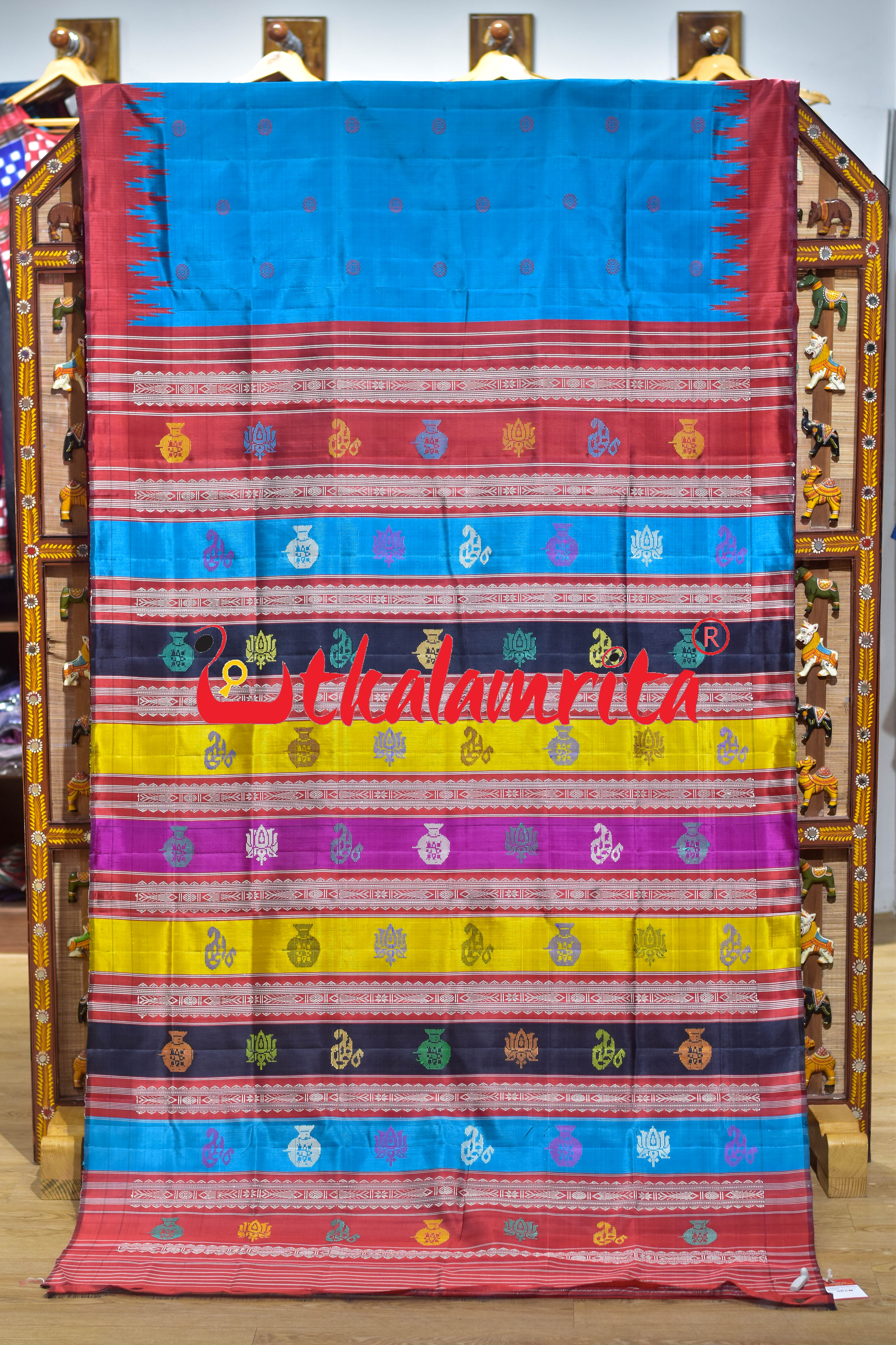 Blue Traditional Kalasa Padma Double Anchal Berhampuri Silk Saree