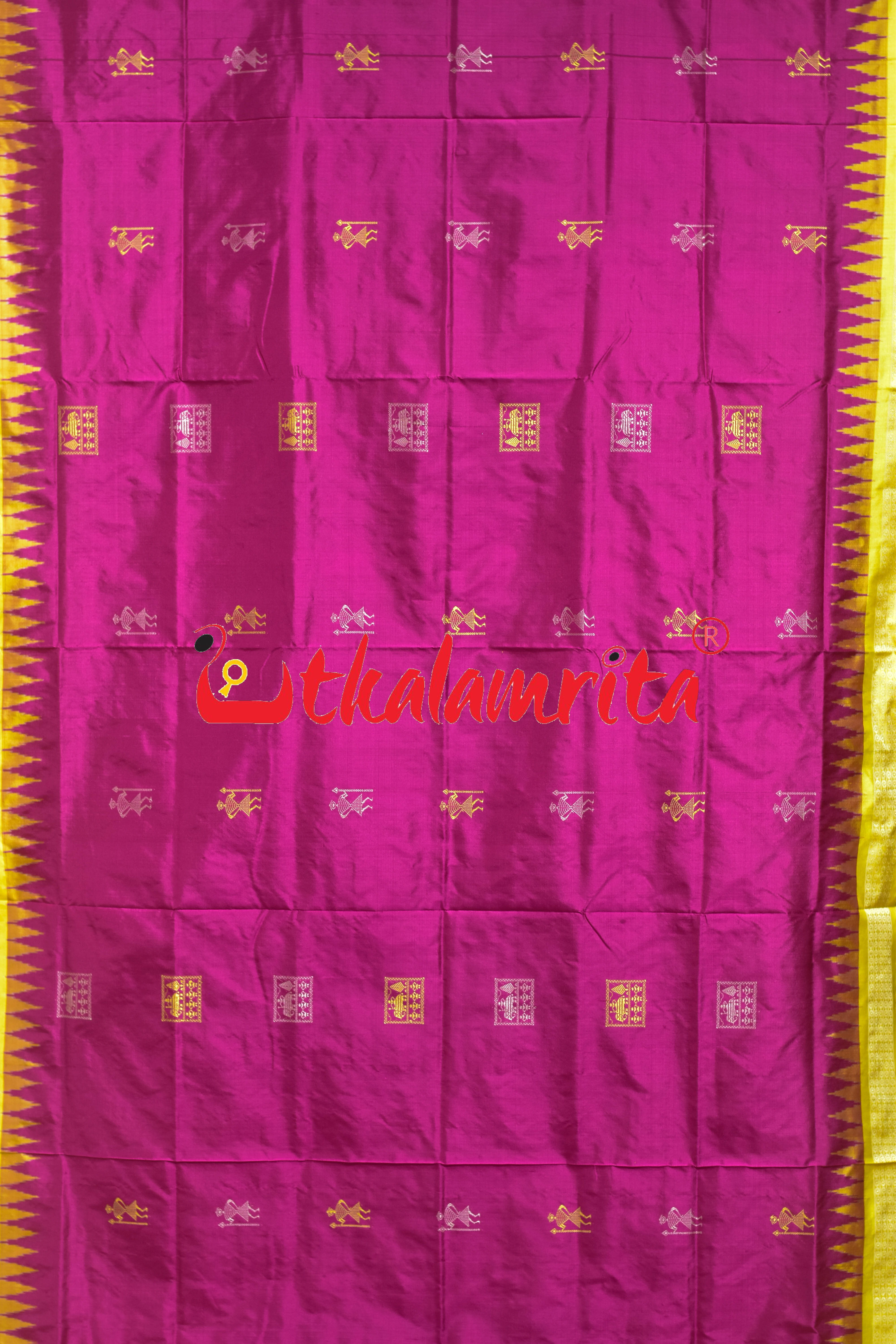 Rani Yellow Box Tribals Bomkai Silk Saree