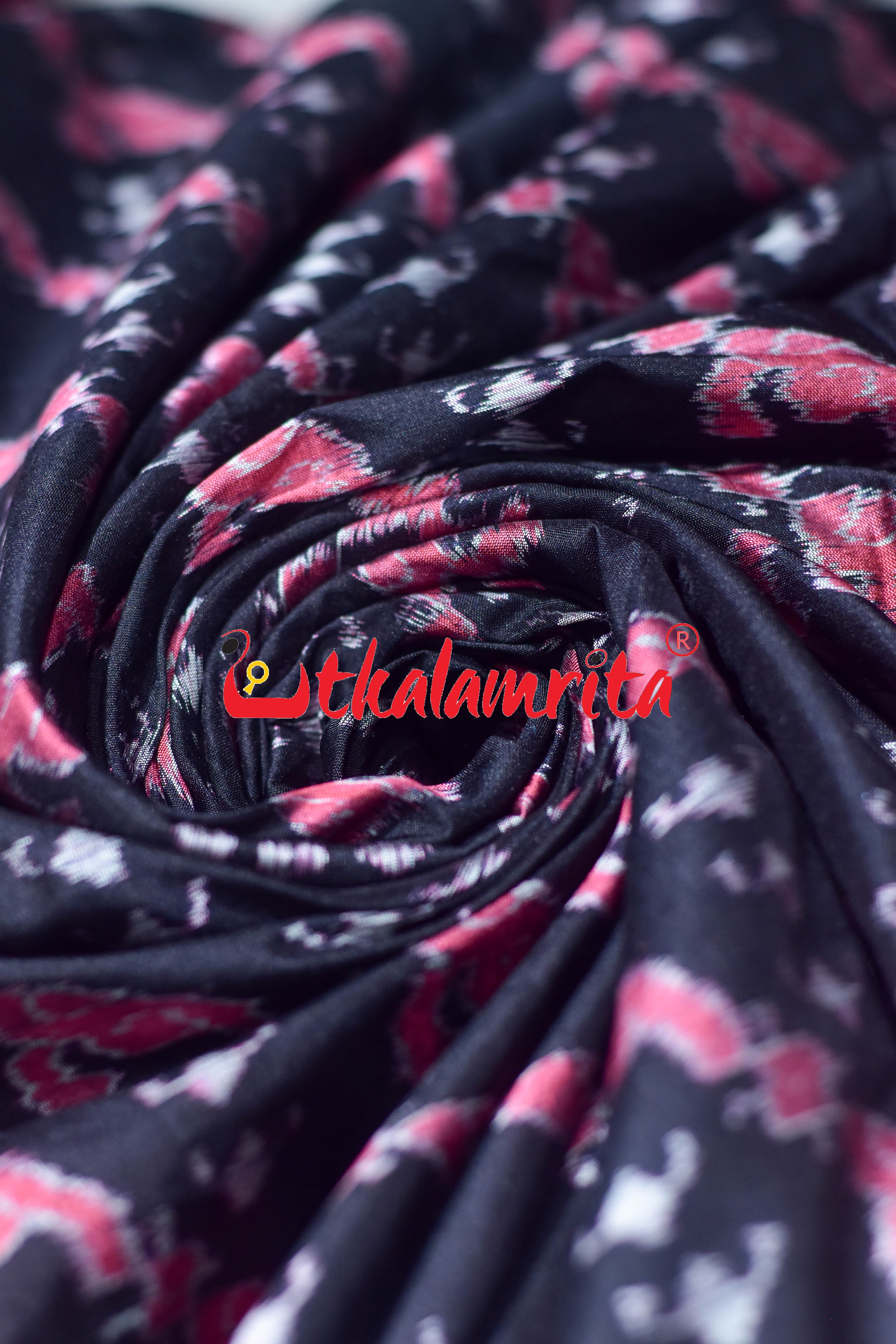 Pink Blooms on Black Sambalpuri Silk (Fabric)