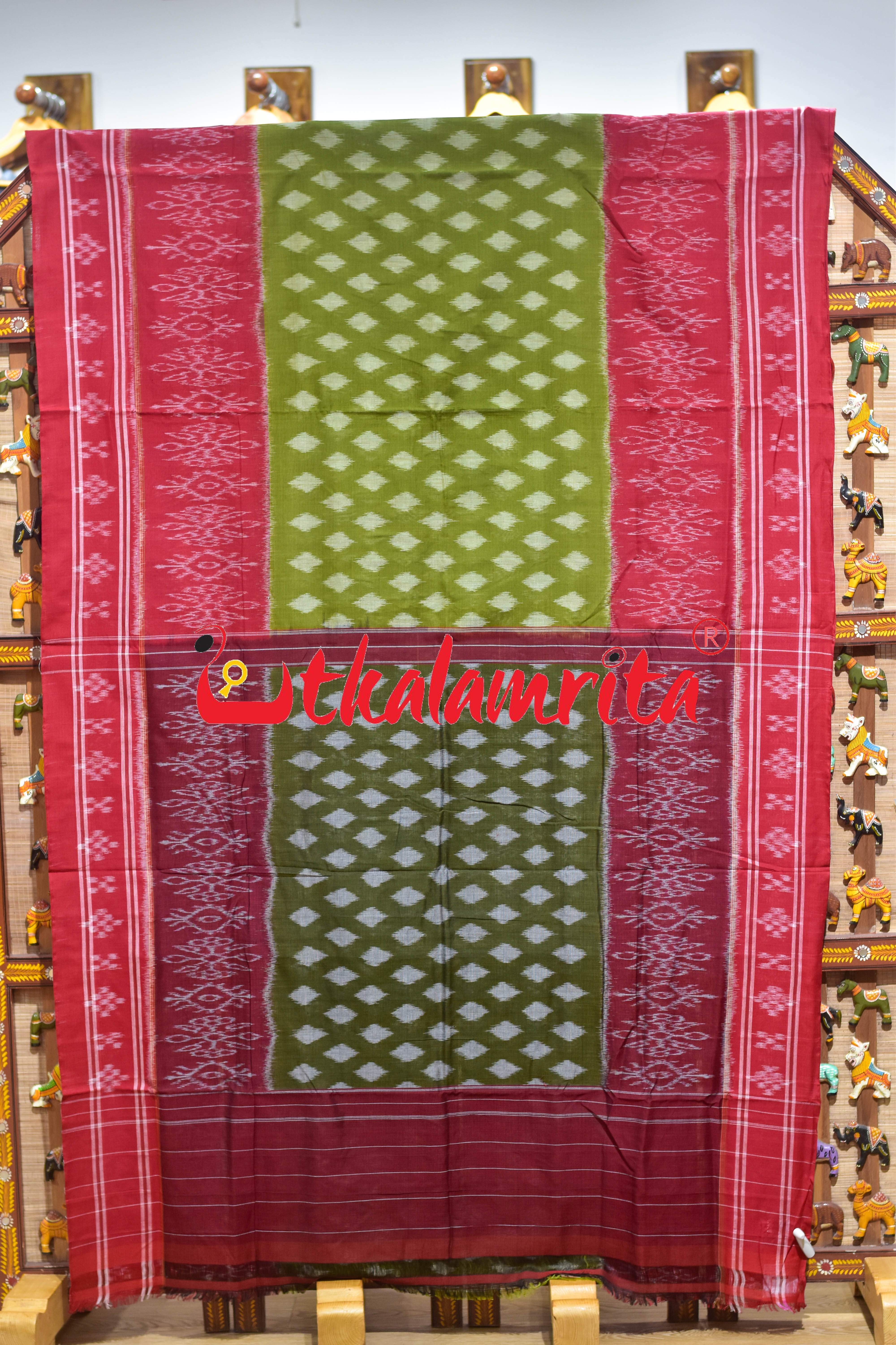 Mehendi Red Pasapali Border Khandua Cotton Saree