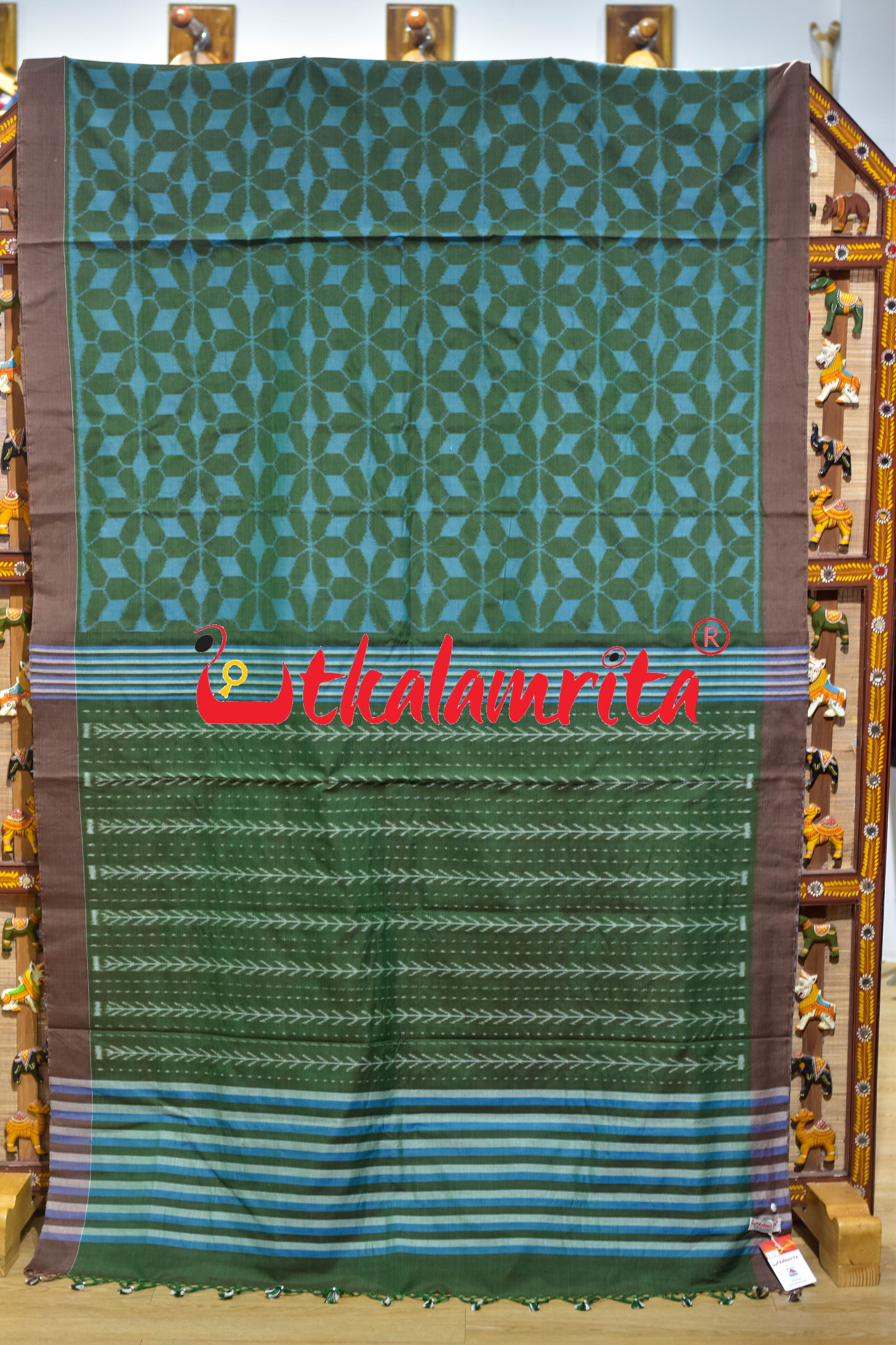 Hexagon Flower Green Blue Khandua Cotton Saree