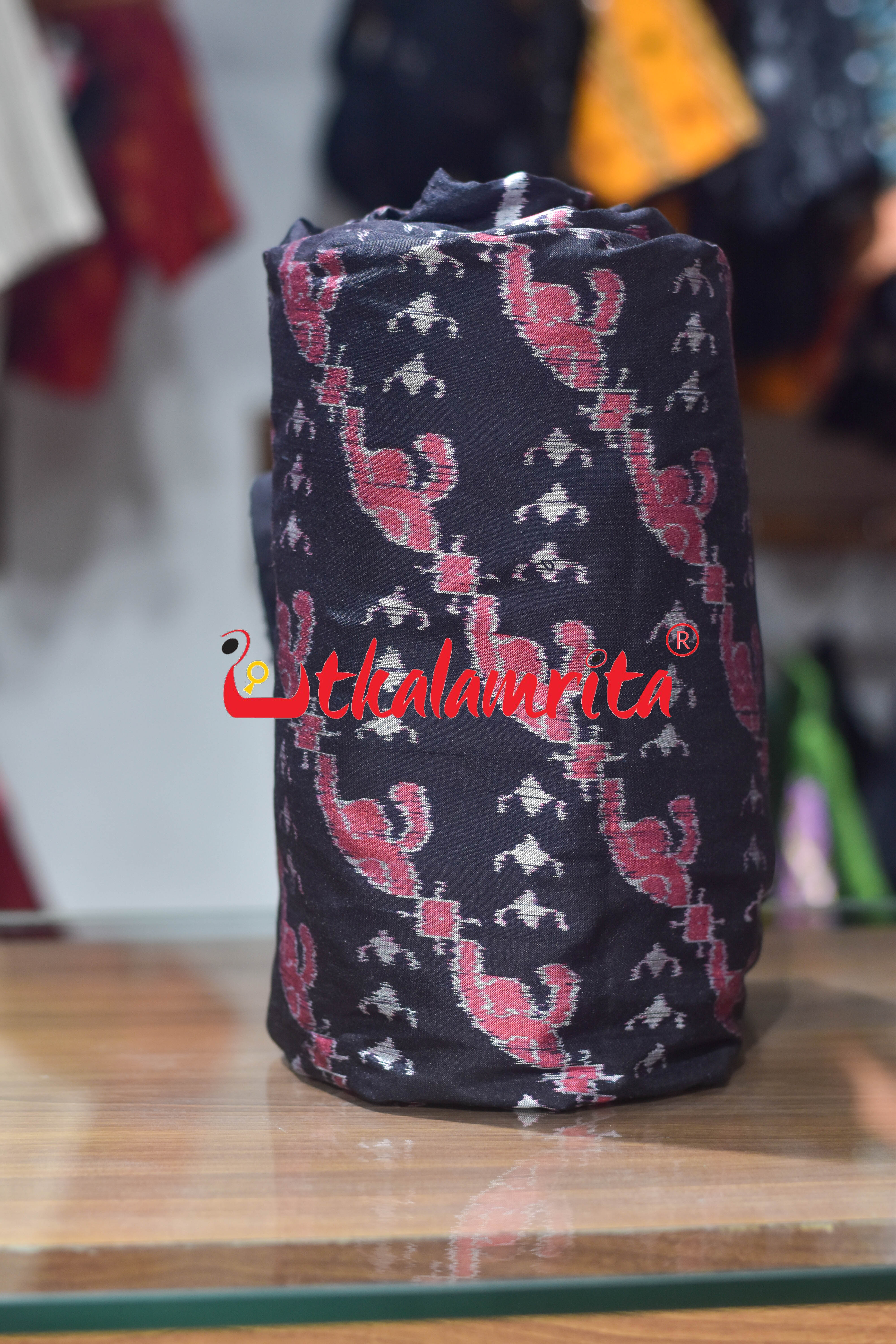 Pink Blooms on Black Sambalpuri Silk (Fabric)