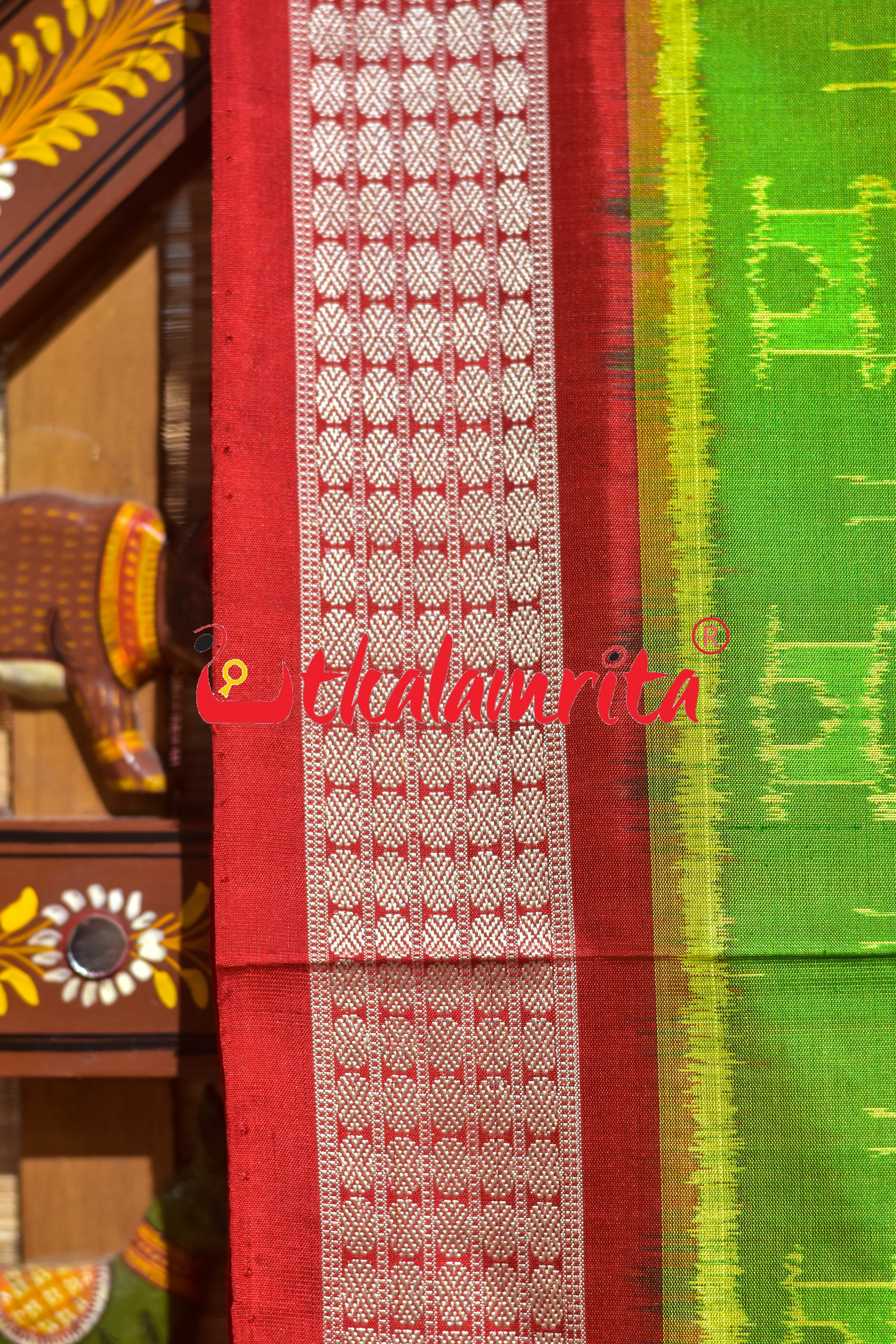 Yellow Green Red Tribal Ghara Sambalpuri Silk Saree