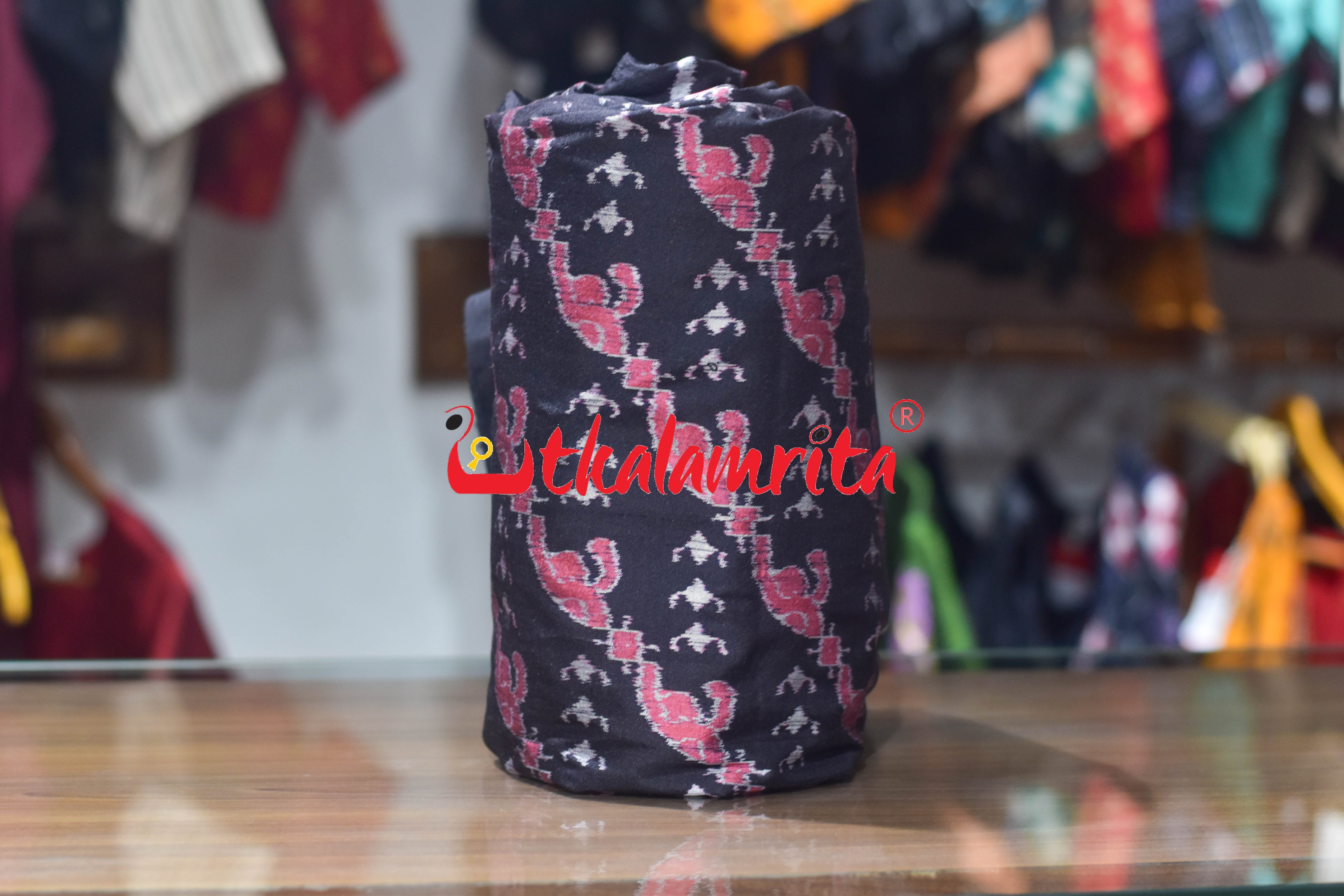 Pink Blooms on Black Sambalpuri Silk (Fabric)