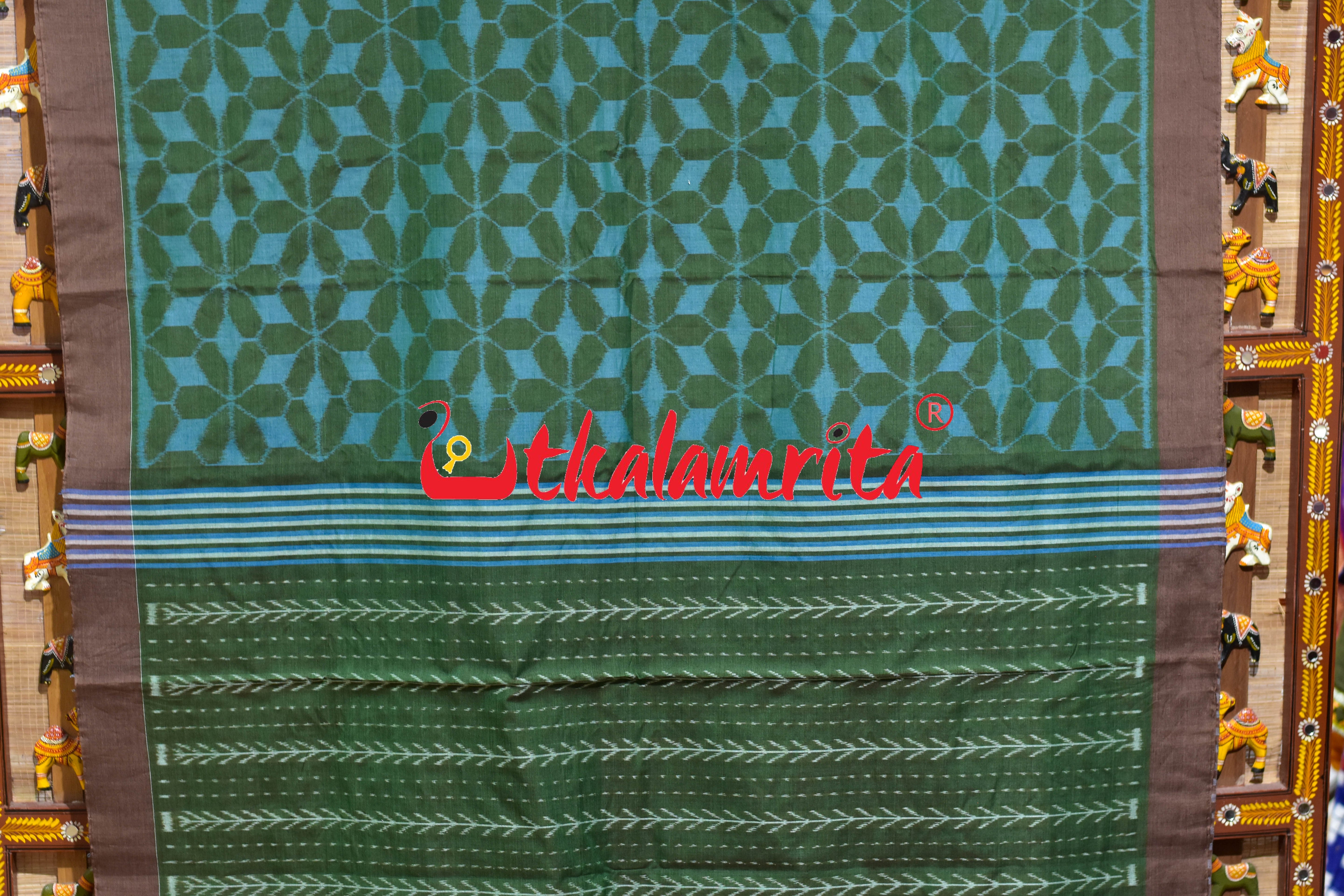 Hexagon Flower Green Blue Khandua Cotton Saree