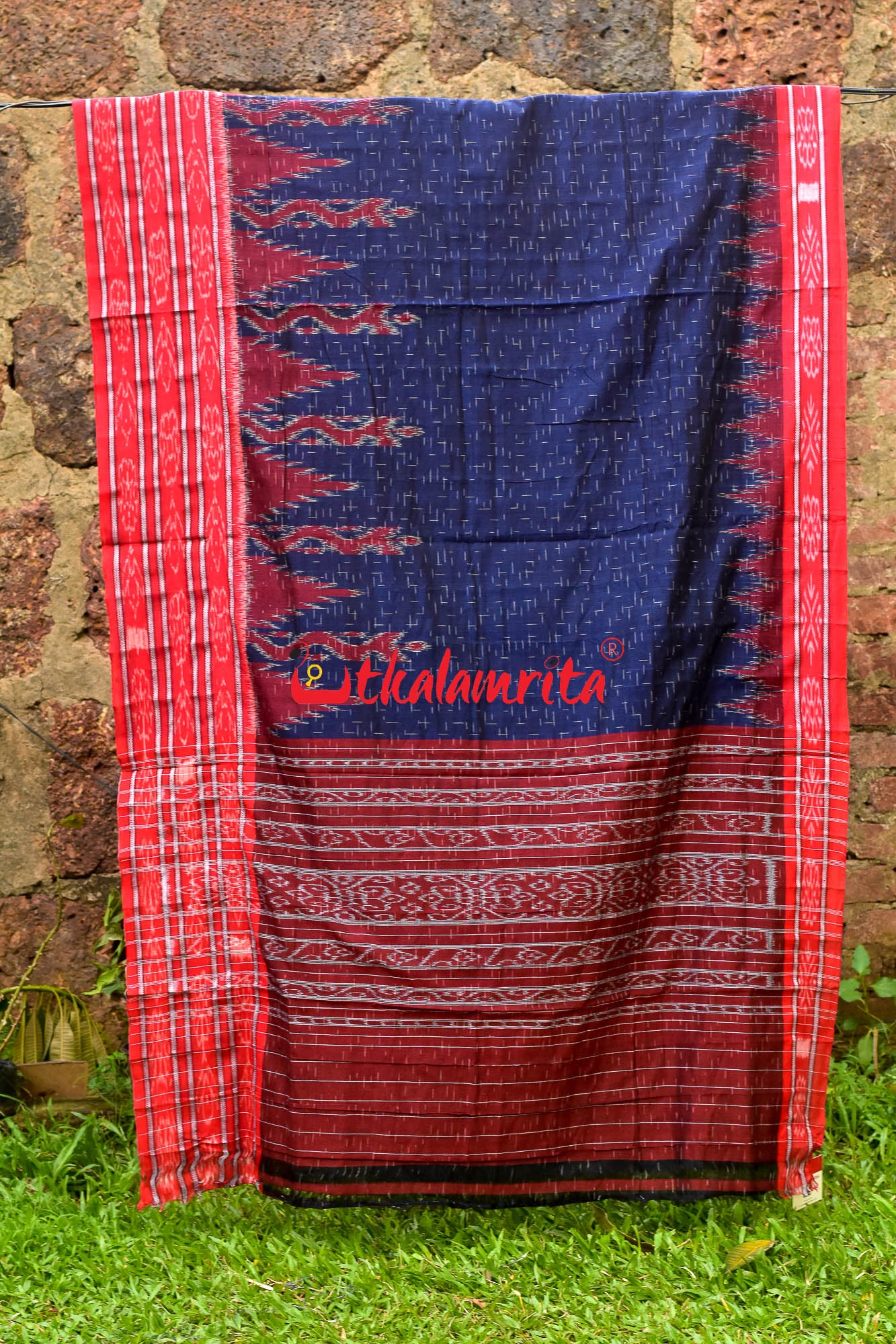 Blue Red Daali Scot Khandua Cotton Saree