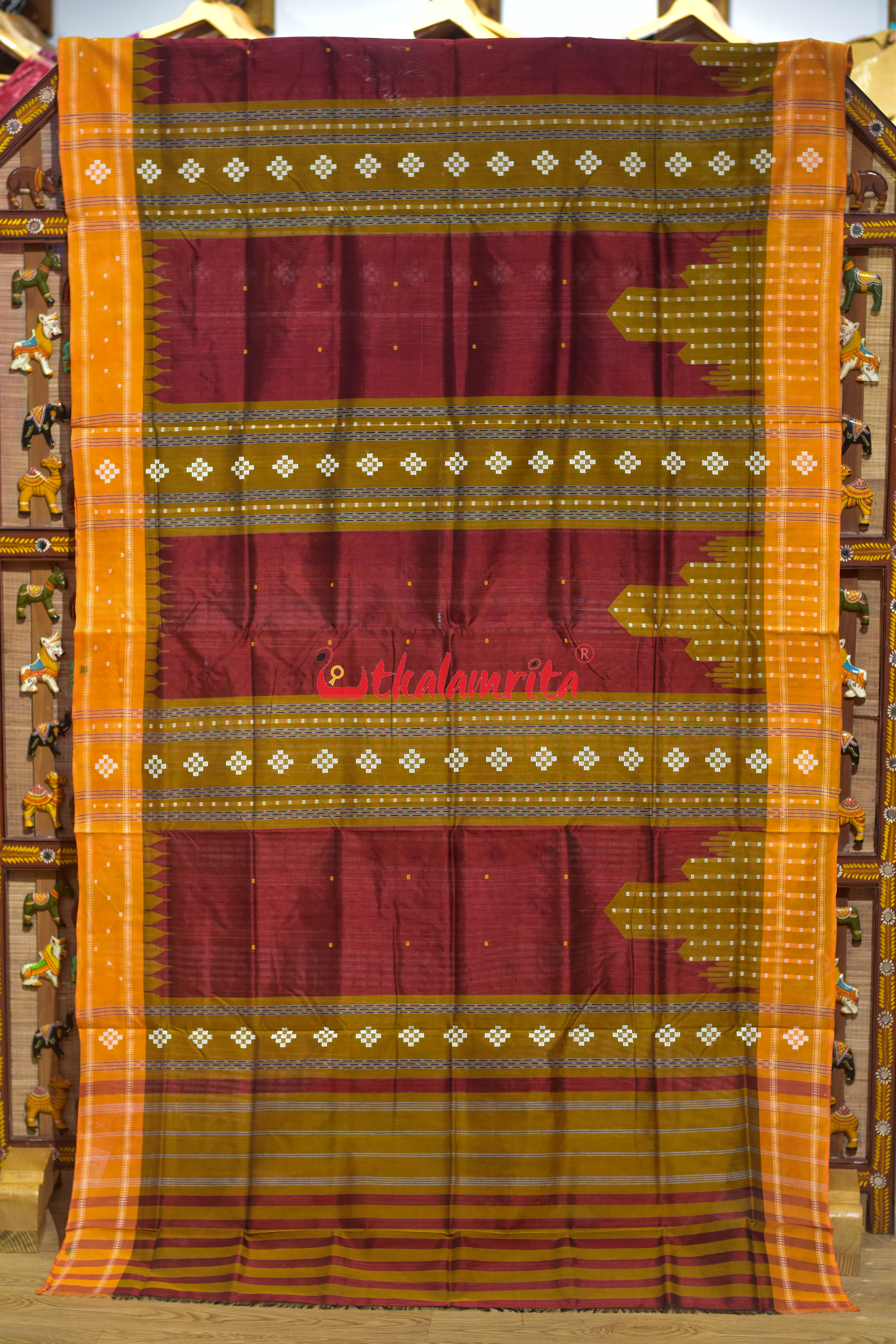 Maroon Yellow Mahal Bapta Saree