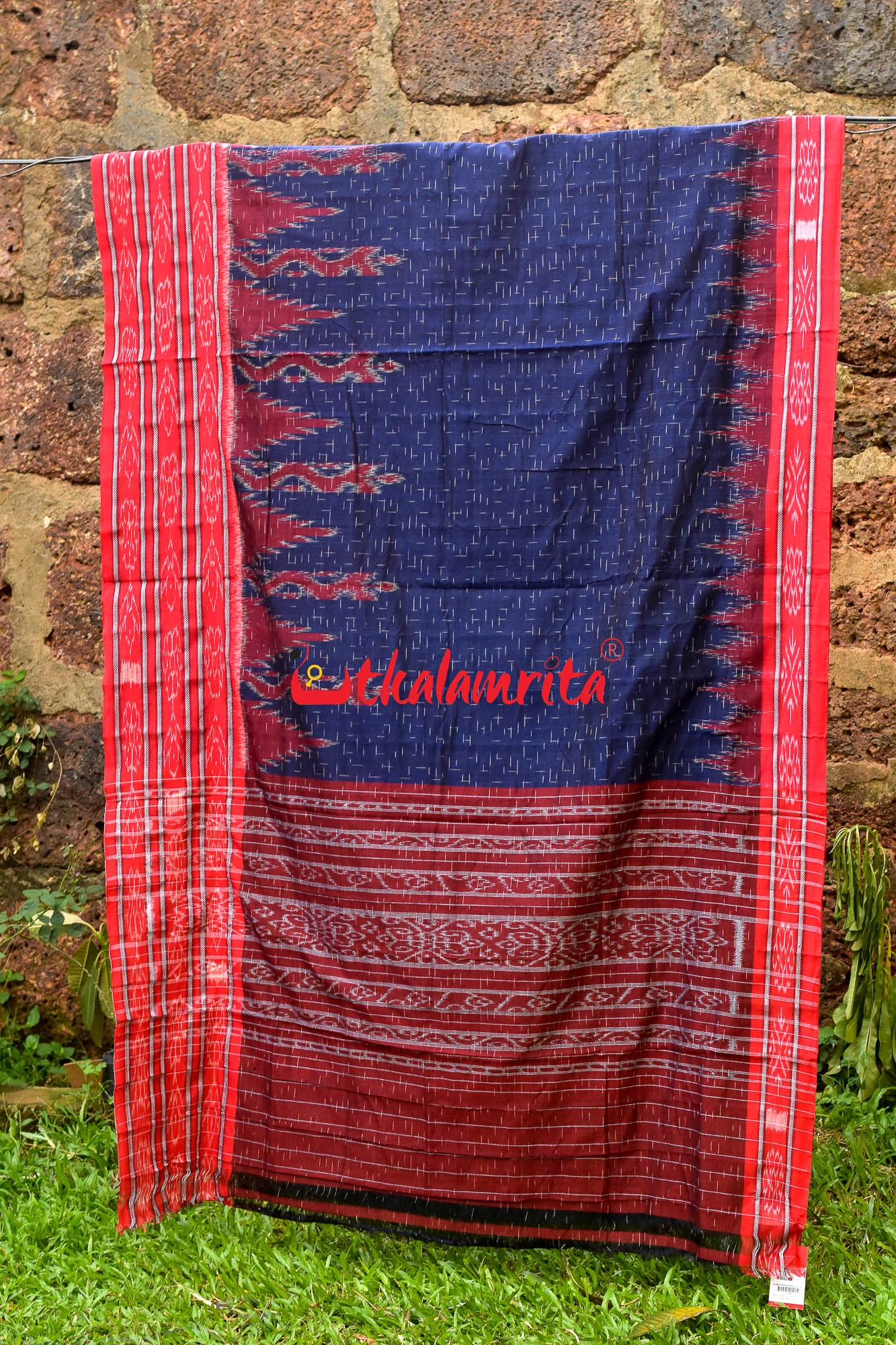 Blue Red Daali Scot Khandua Cotton Saree