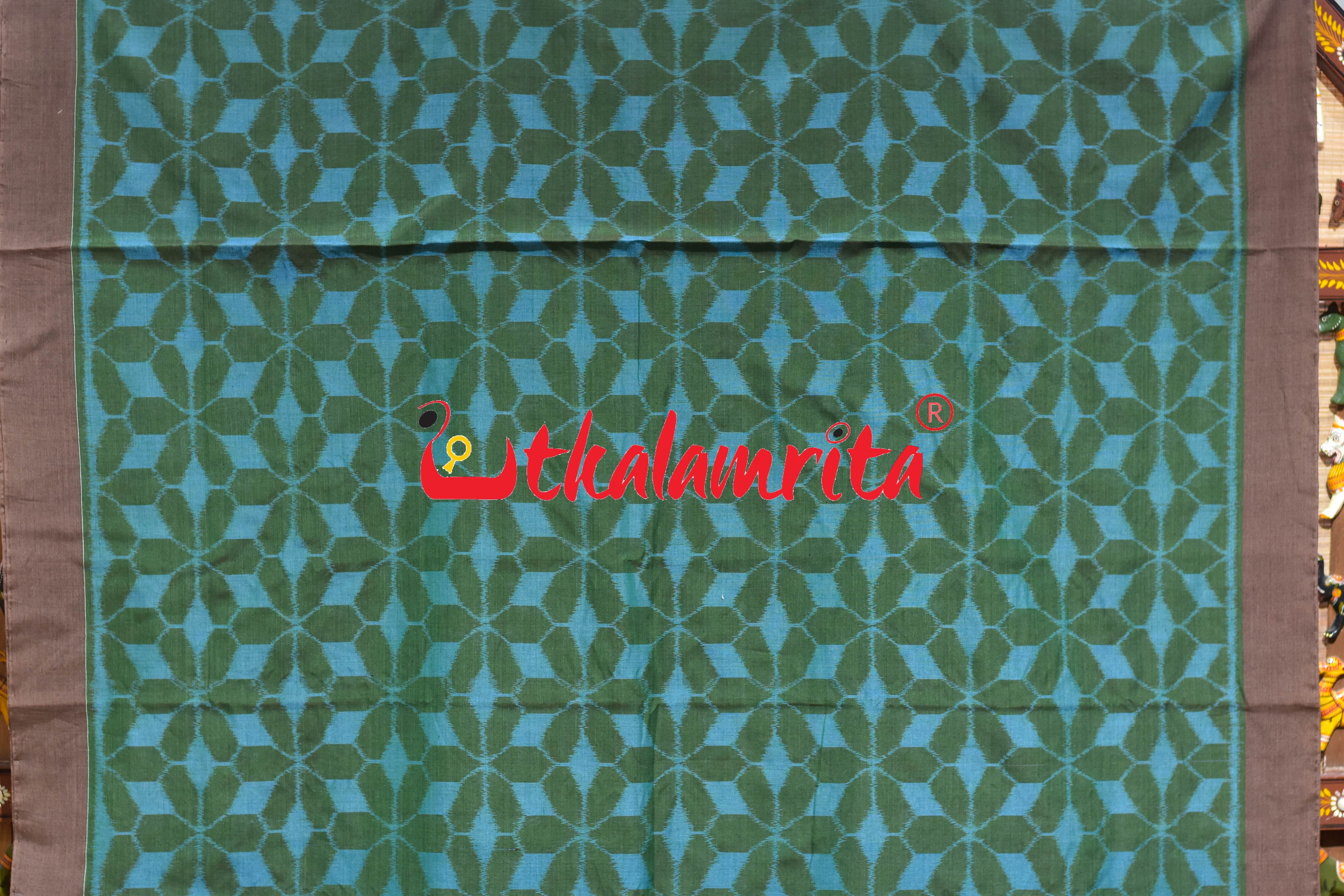 Hexagon Flower Green Blue Khandua Cotton Saree