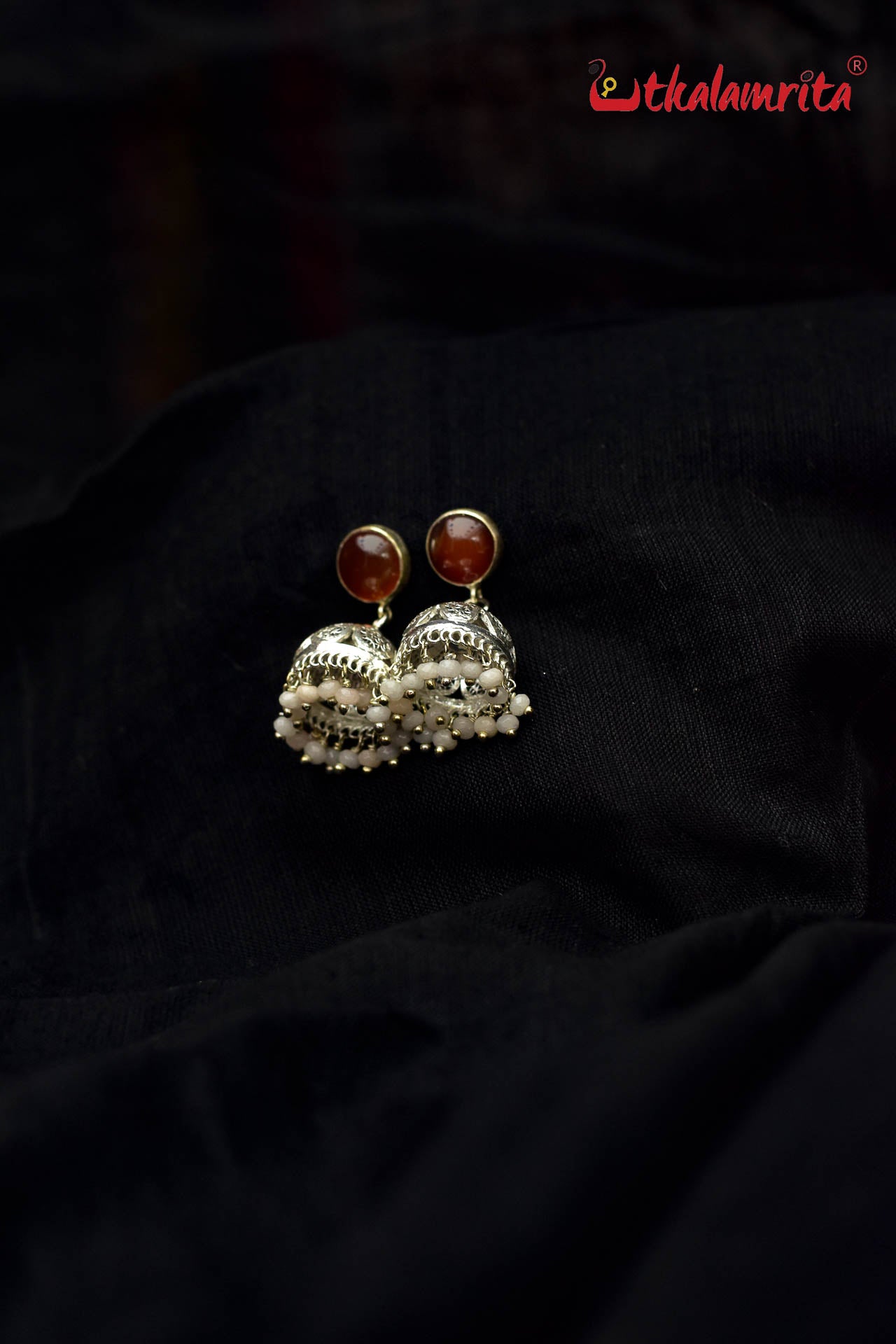 Brown Stone Silver Filigree Jhumka (Earrings Tops)