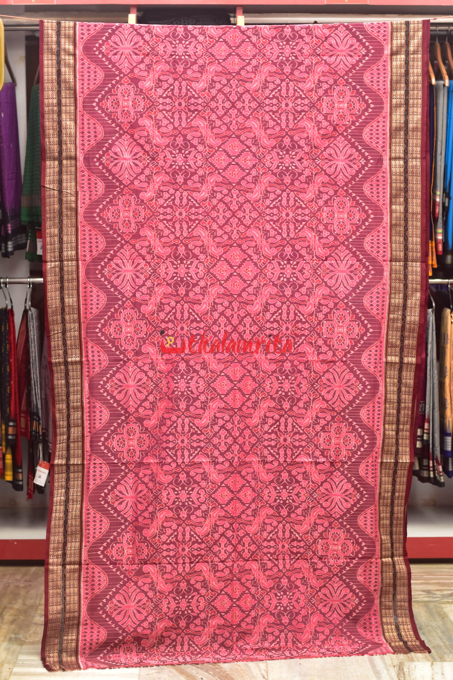 Pink Flowers Body Bandha Sambalpuri Cotton Saree