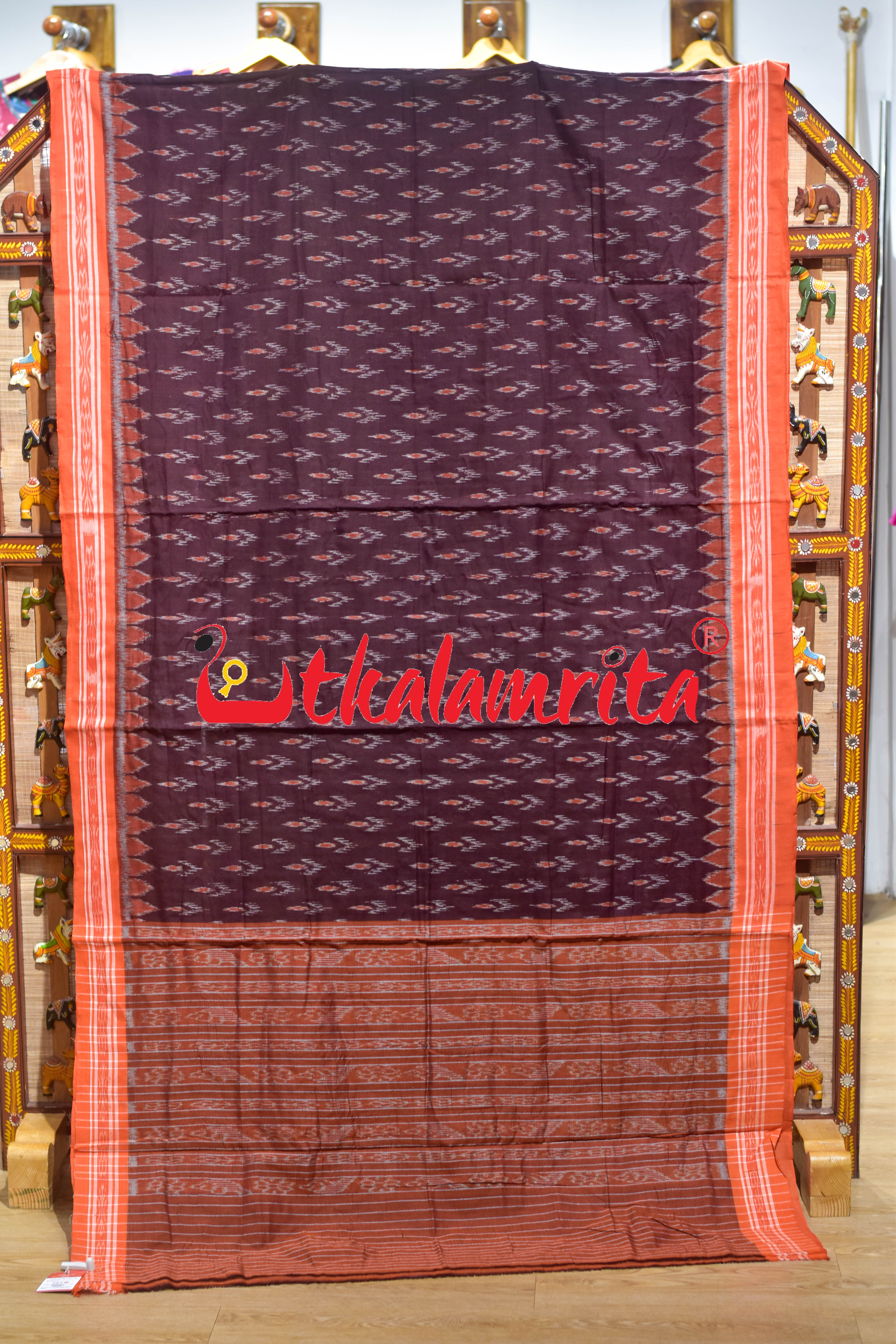 Maroon Labanga Bandha Orange Border Khandua Cotton Saree