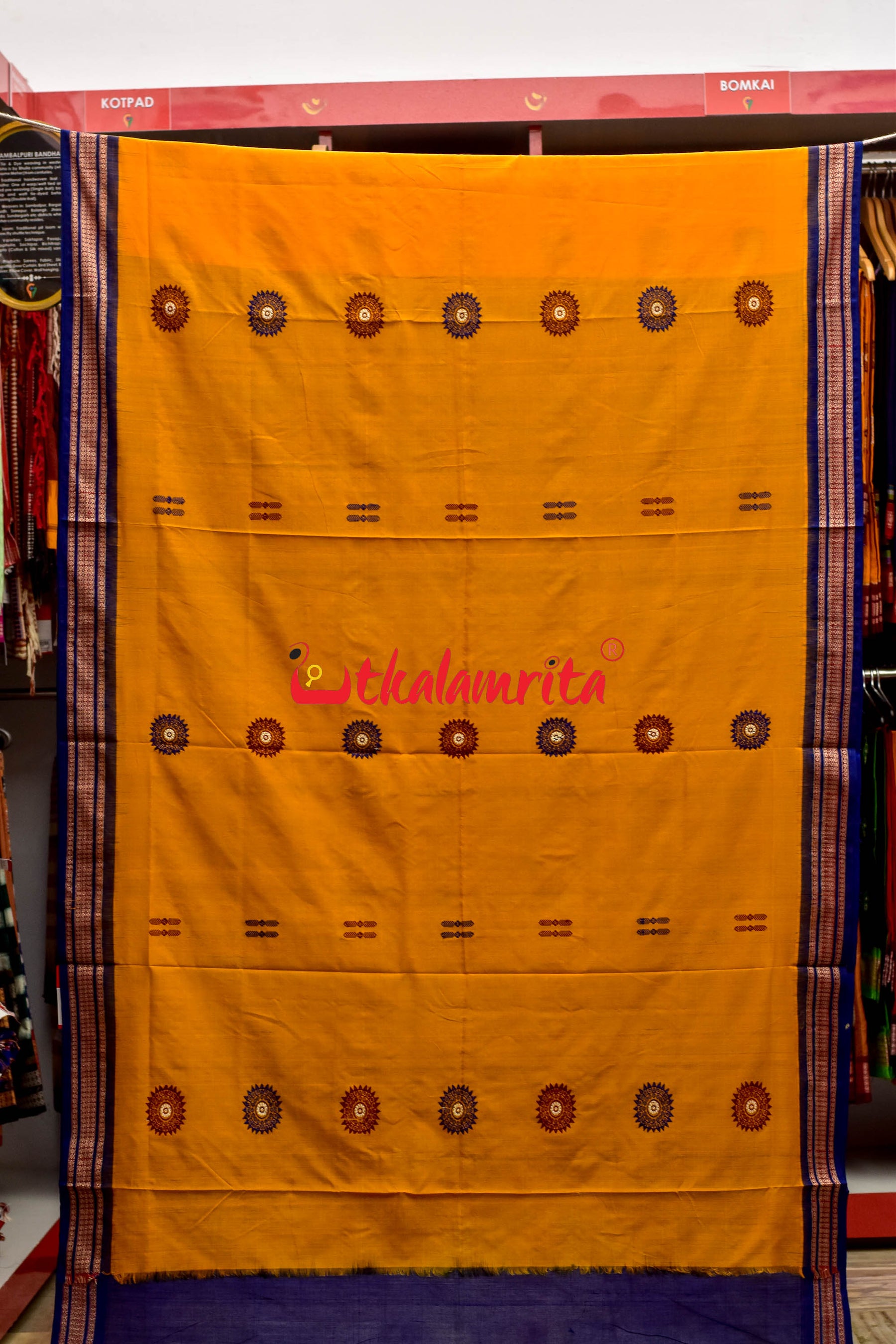 Mustard Blue Padam Bomkai Cotton Saree