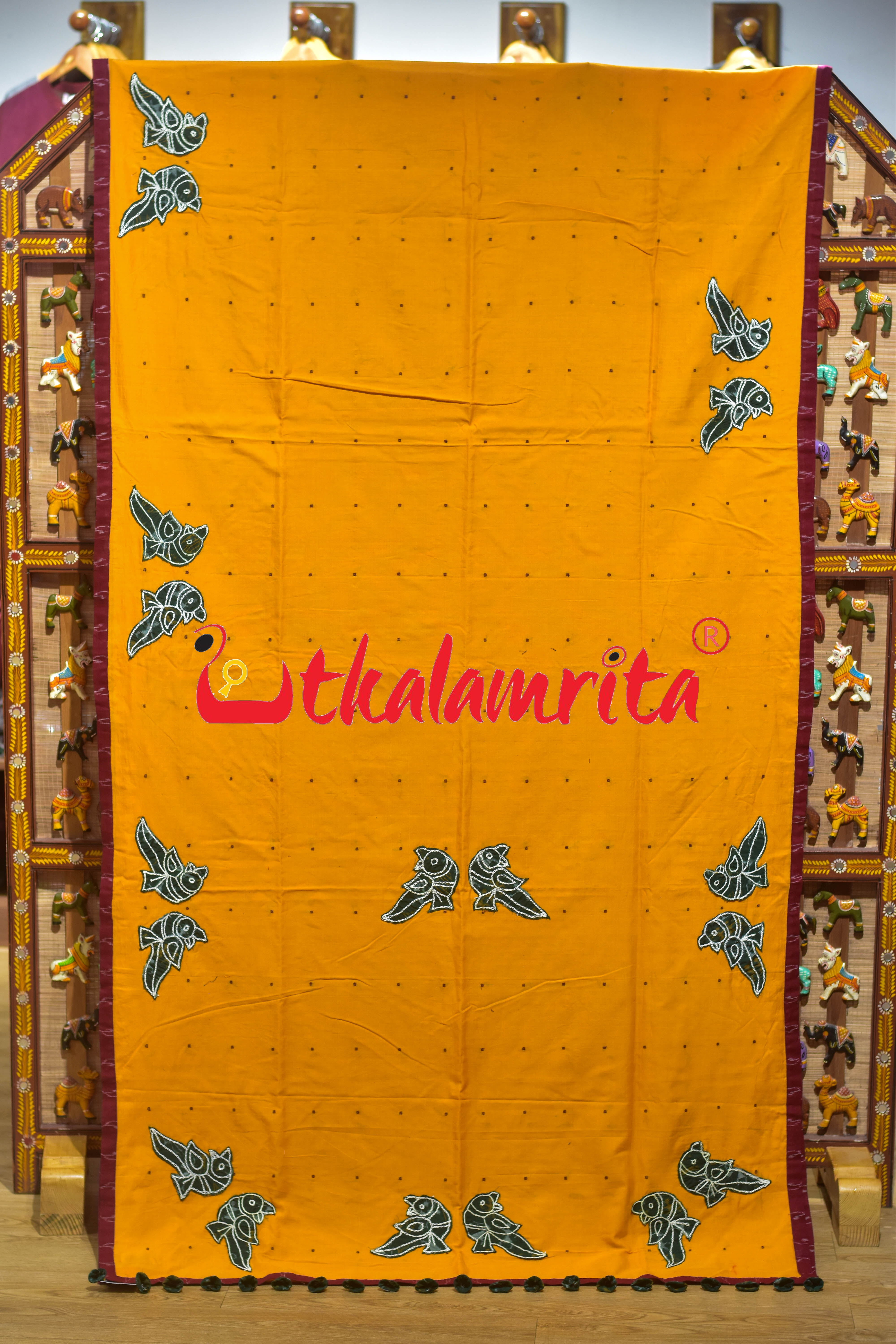 Mustard with Maroon Buti Parrot Designer Cotton Saree