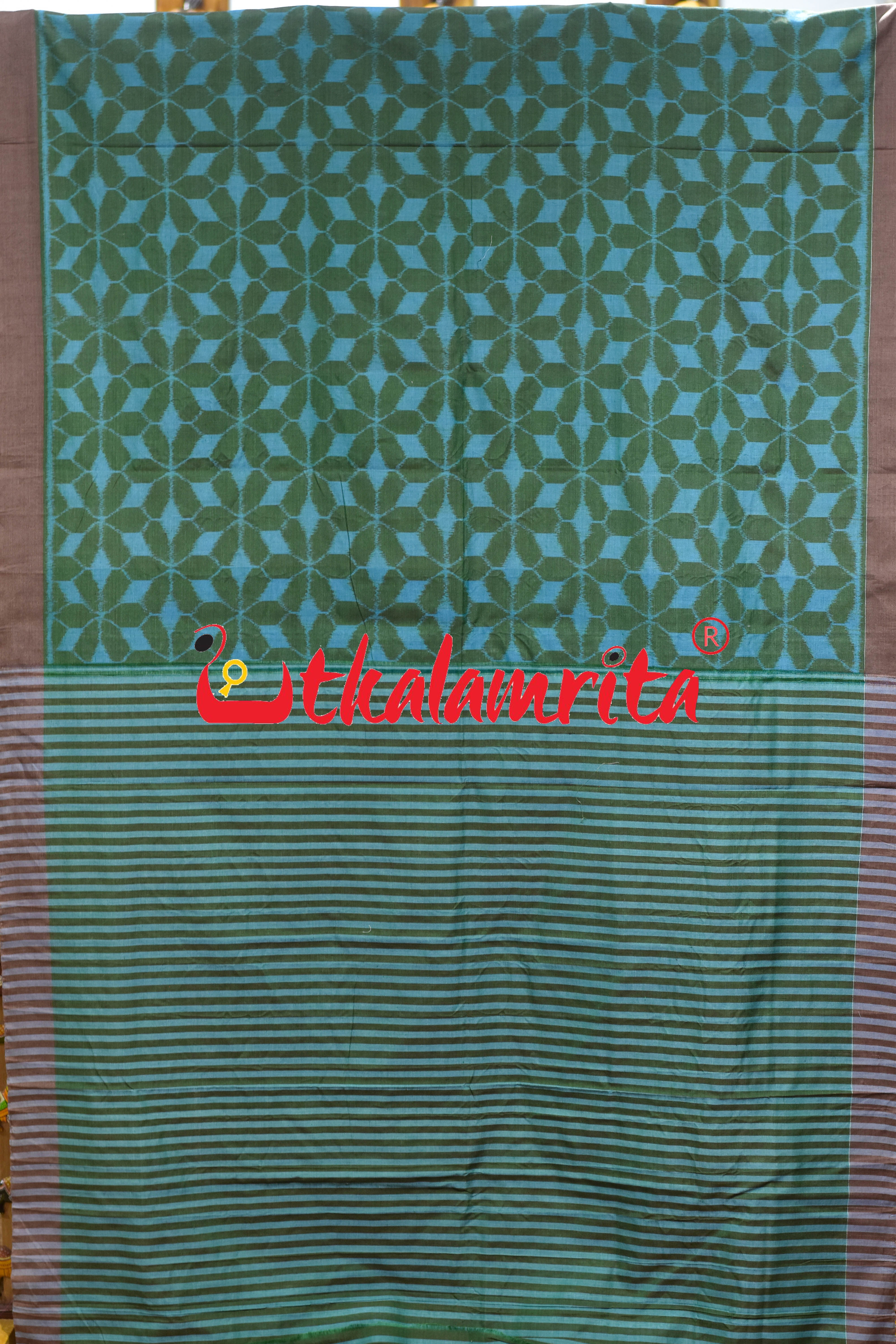 Hexagon Flower Green Blue Khandua Cotton Saree