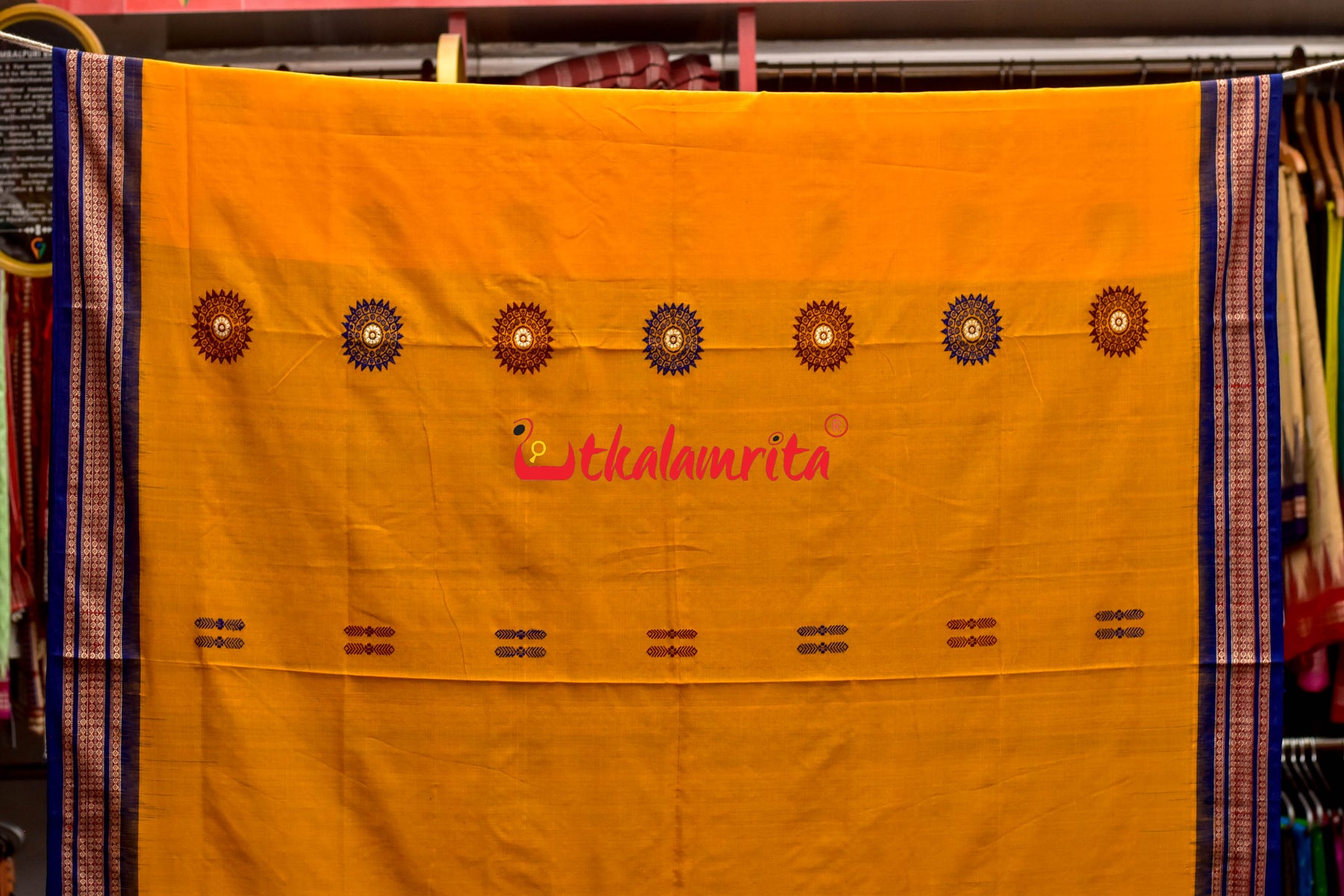 Mustard Blue Padam Bomkai Cotton Saree