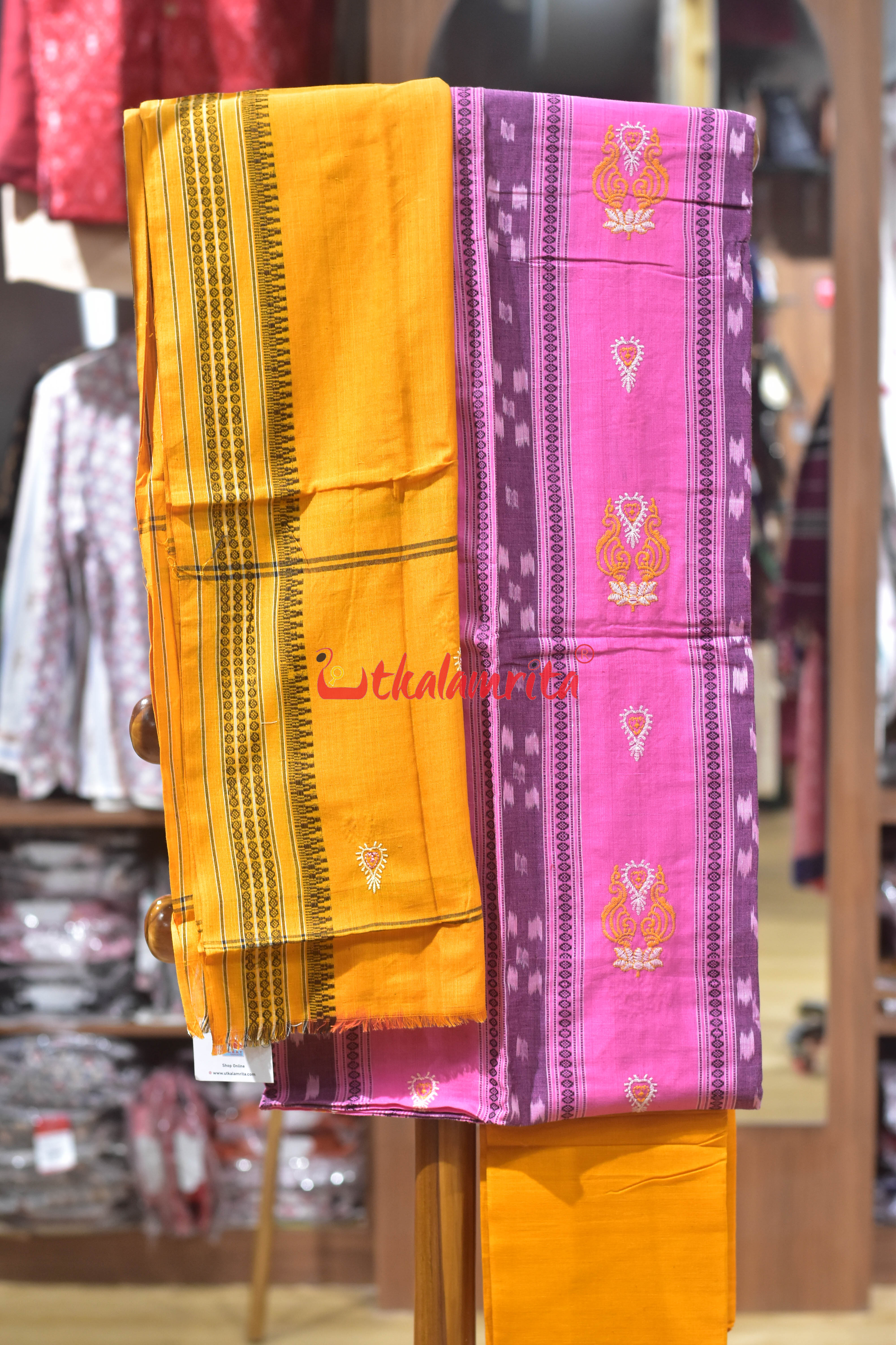Pink Yellow Flower Bomkai Cotton Dress Set