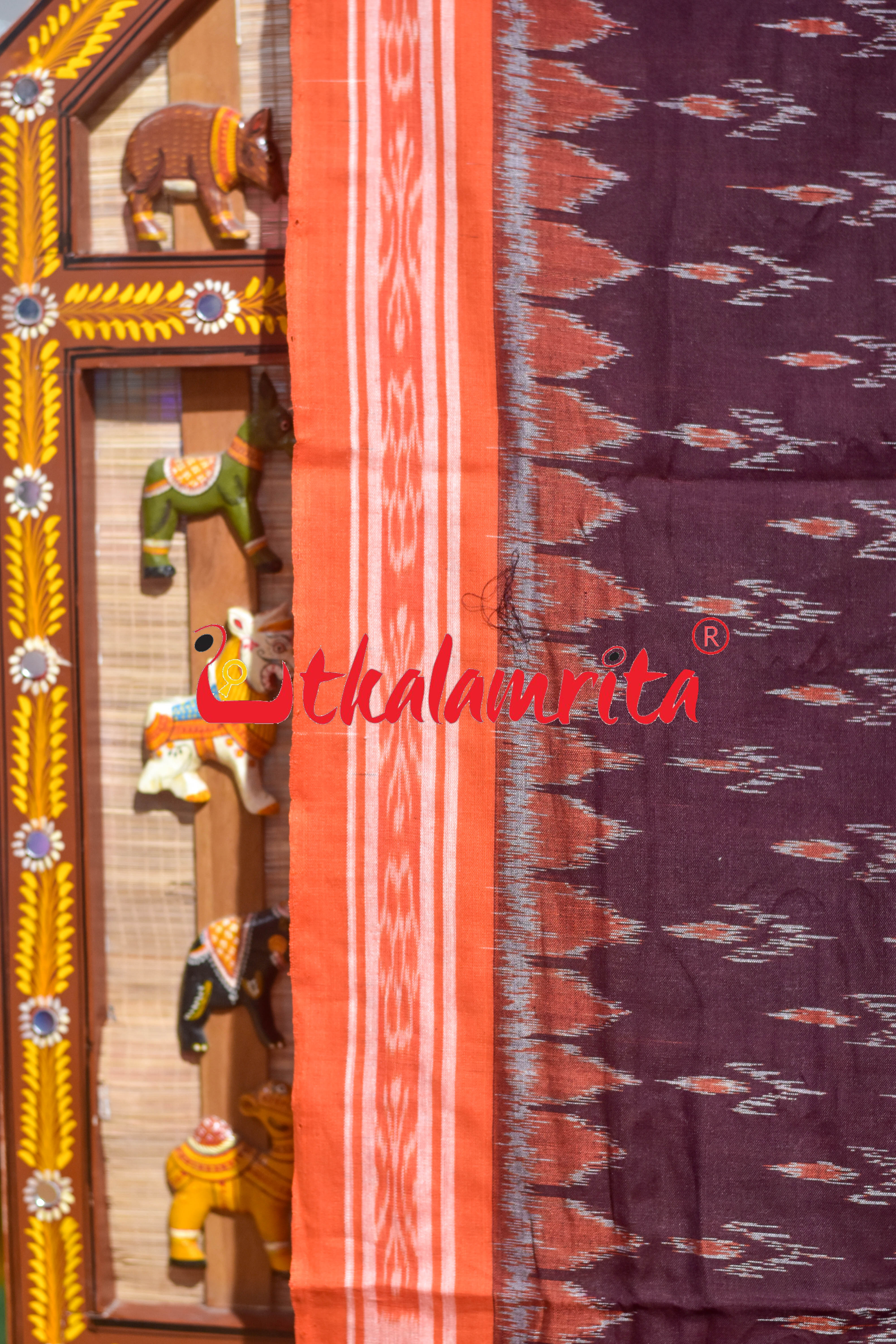 Maroon Labanga Bandha Orange Border Khandua Cotton Saree