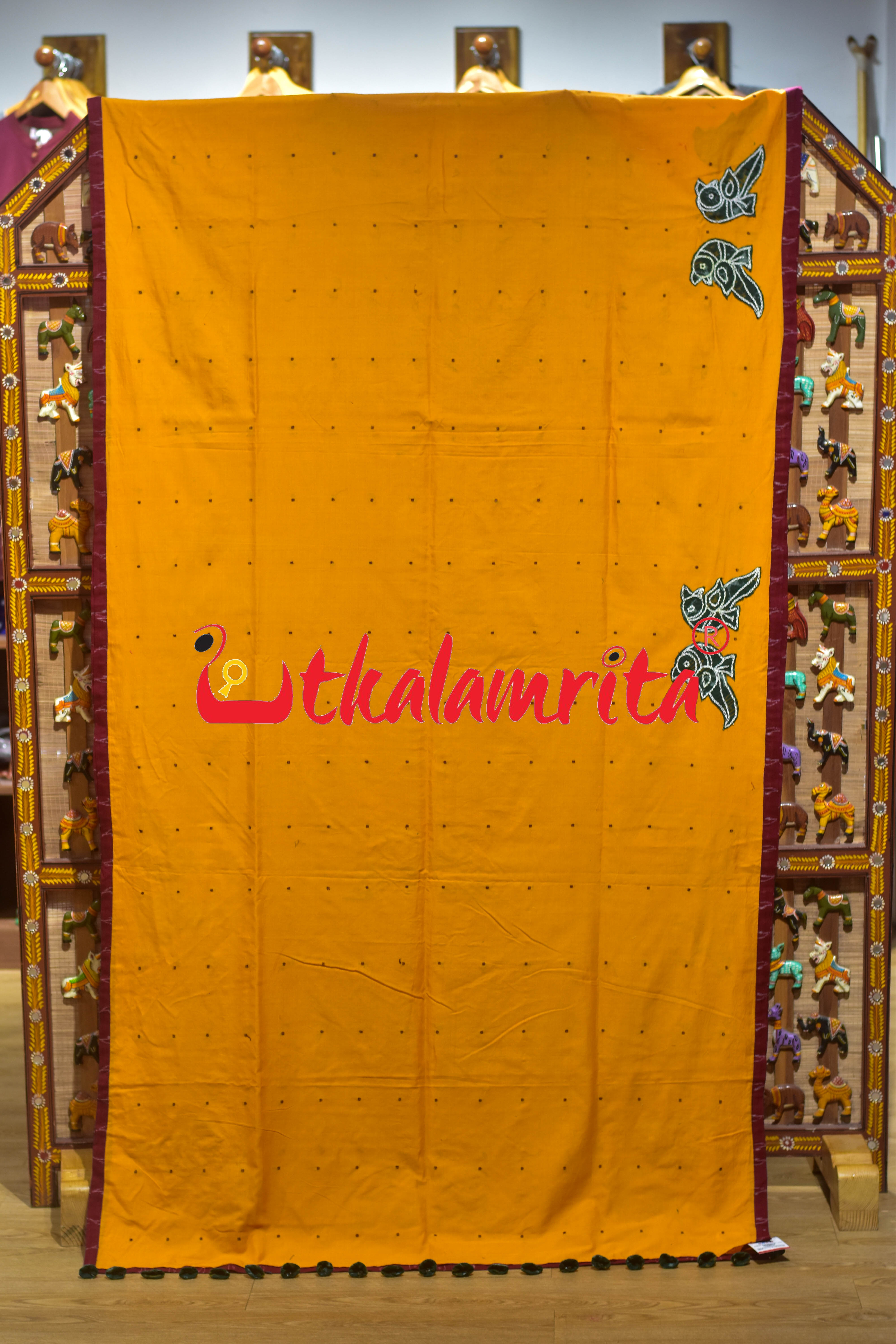 Mustard with Maroon Buti Parrot Designer Cotton Saree
