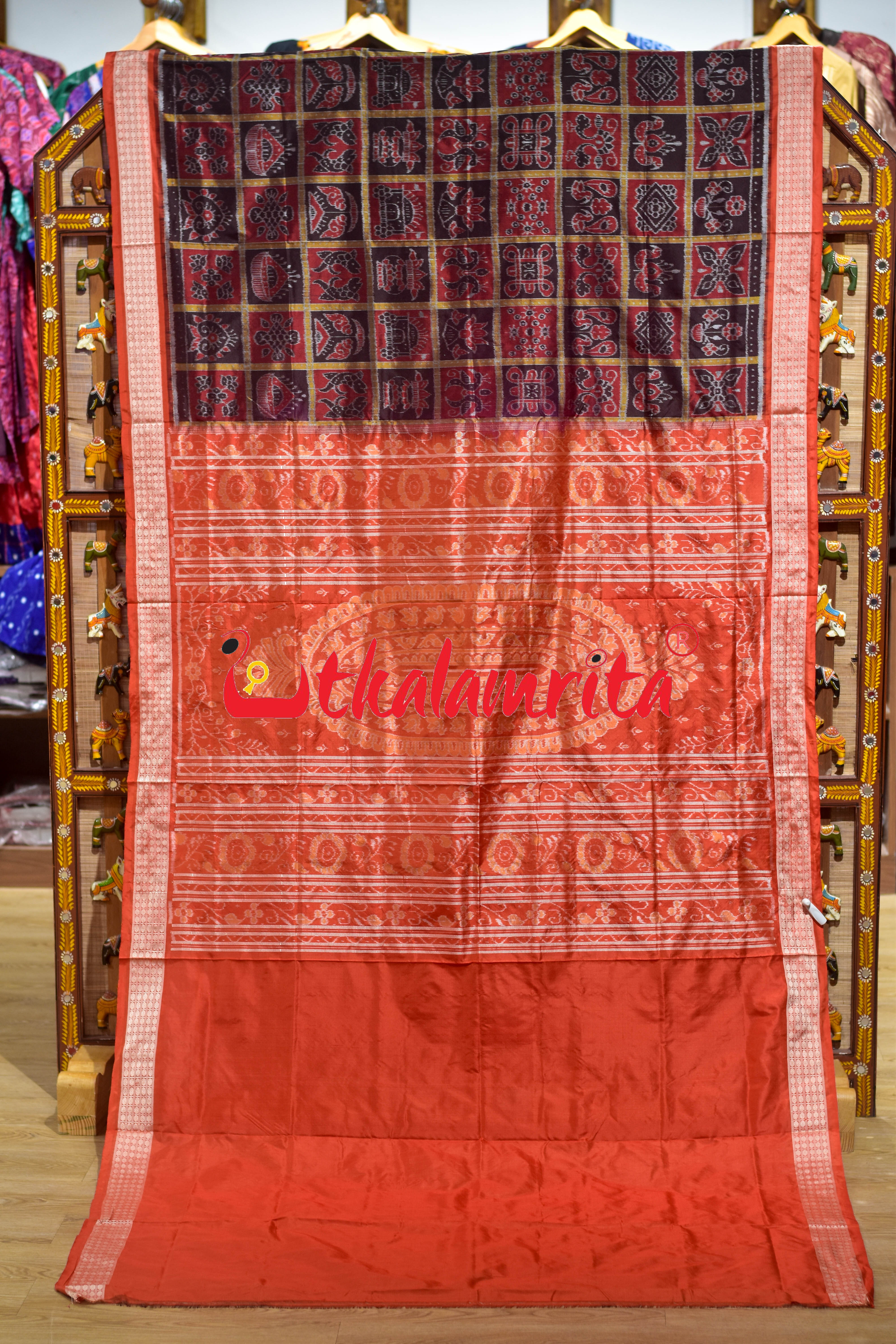 Coffee Maroon Orange Dhadi Nabakothi Silk Saree