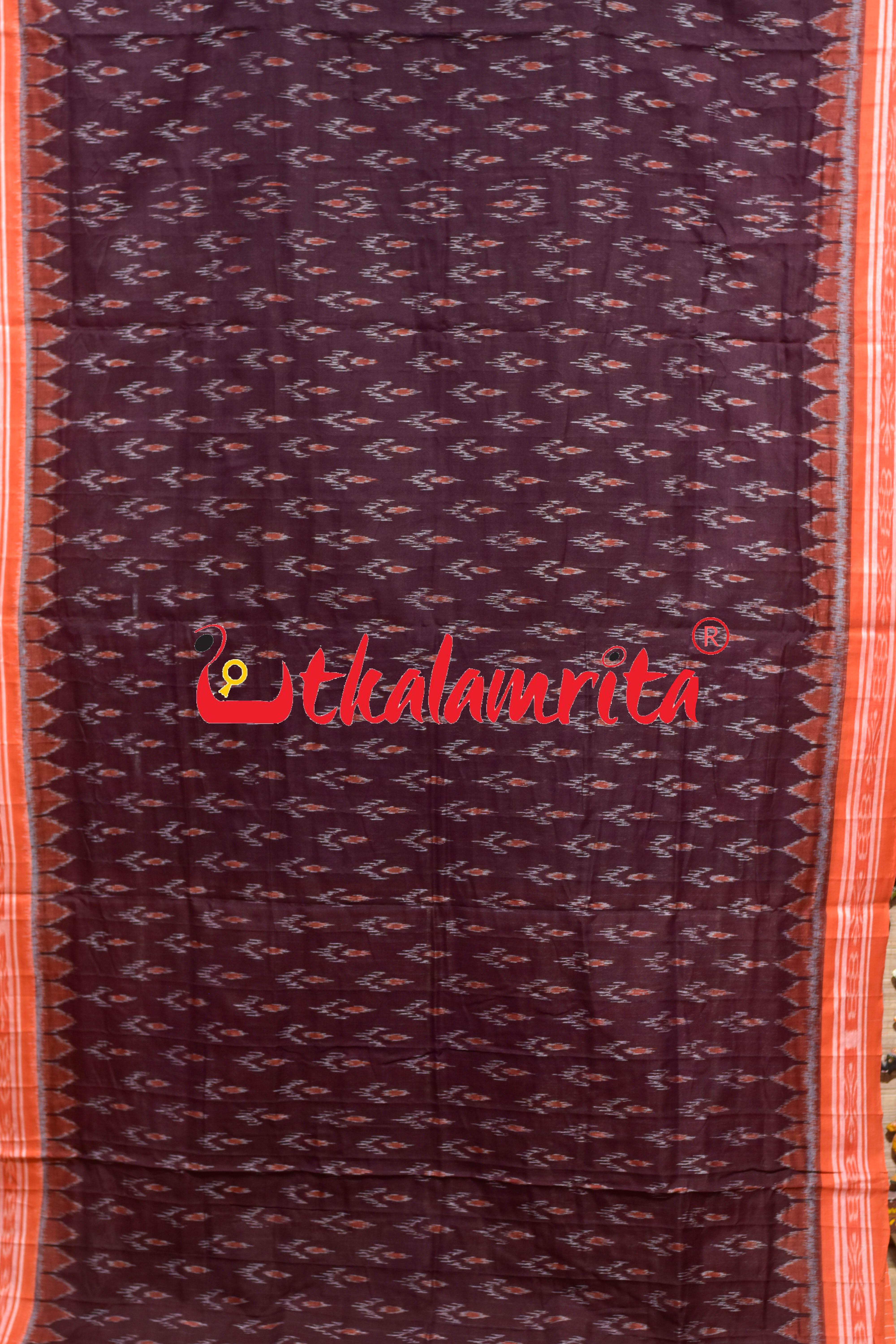 Maroon Labanga Bandha Orange Border Khandua Cotton Saree