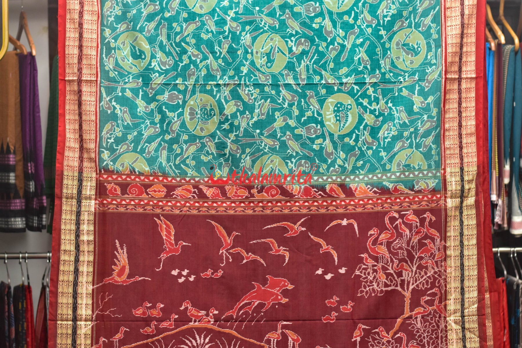 Teal Birds Bandha Sambalpuri Cotton Saree