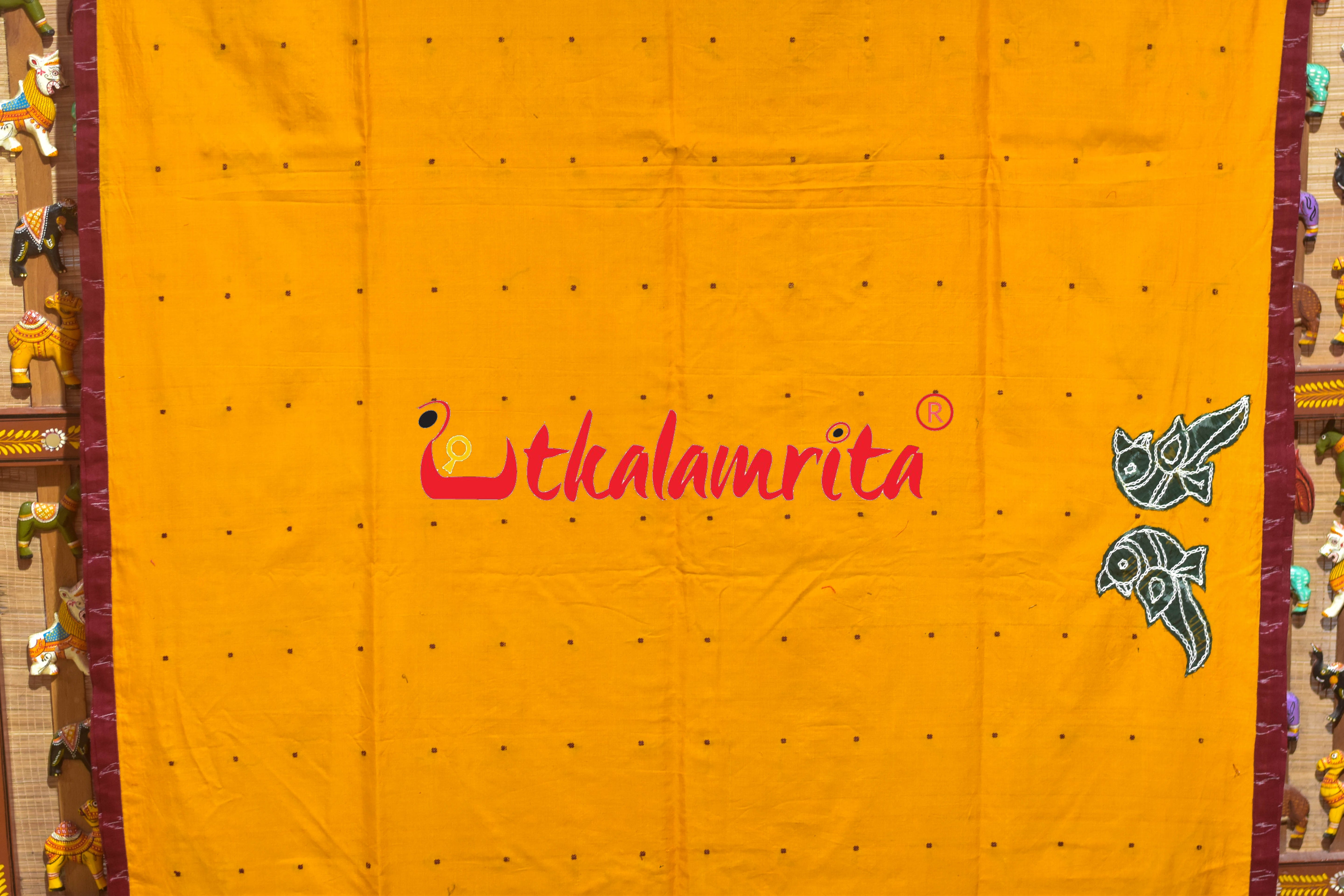 Mustard with Maroon Buti Parrot Designer Cotton Saree