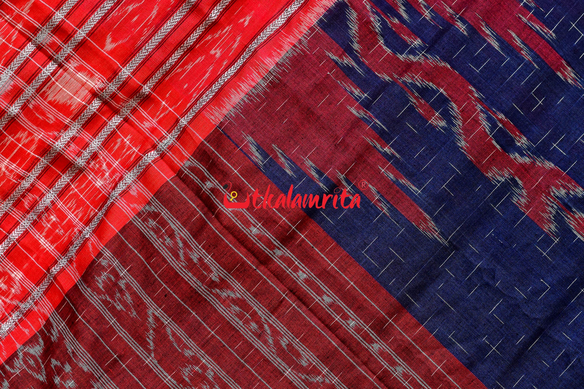 Blue Red Daali Scot Khandua Cotton Saree