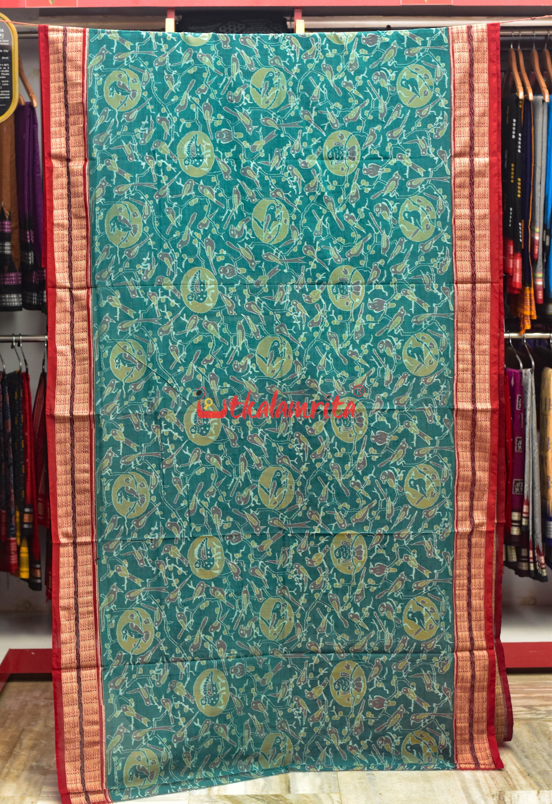 Teal Birds Bandha Sambalpuri Cotton Saree