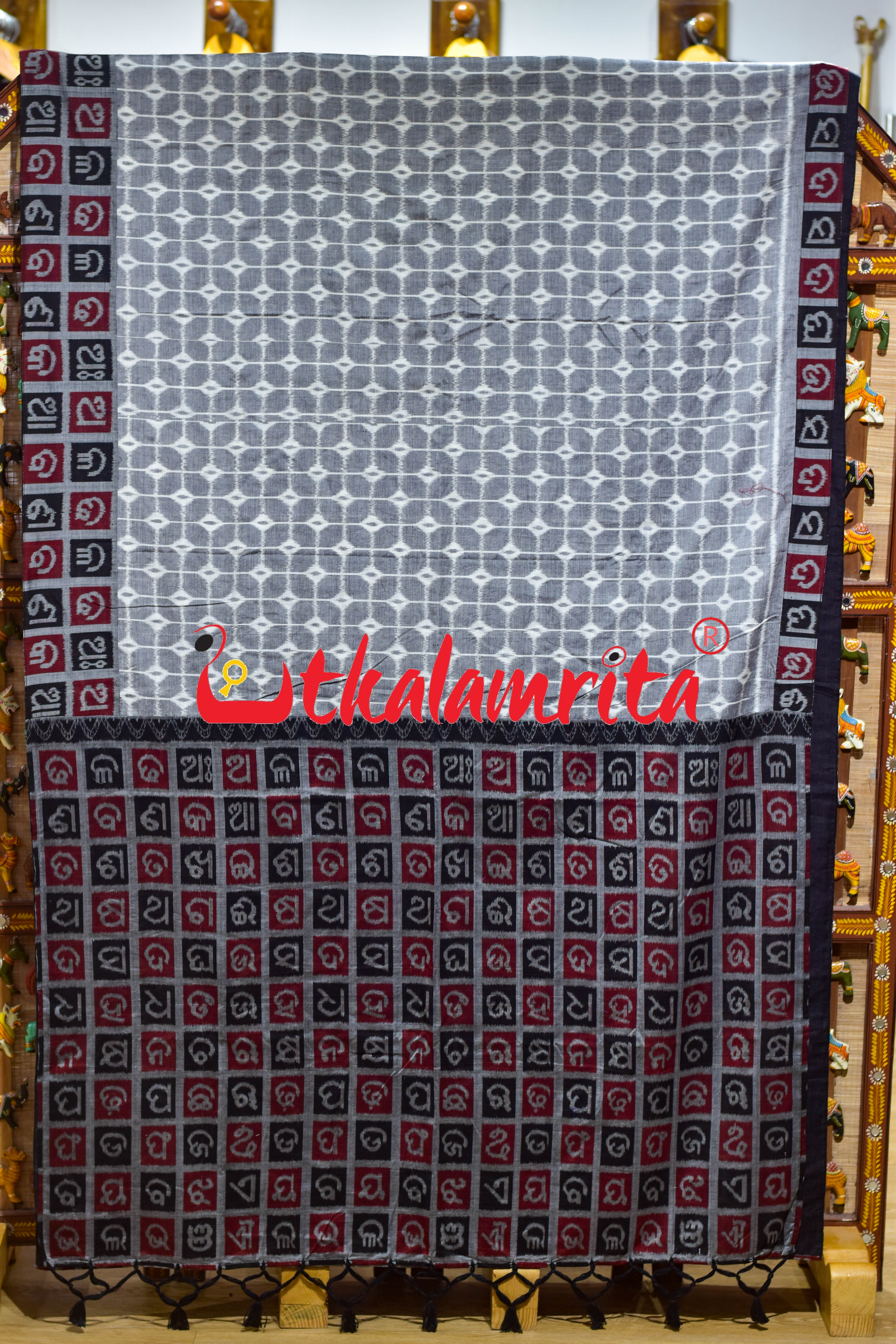 Grey Box Thikiri Ikat Odia Alphabets Designer Cotton Saree
