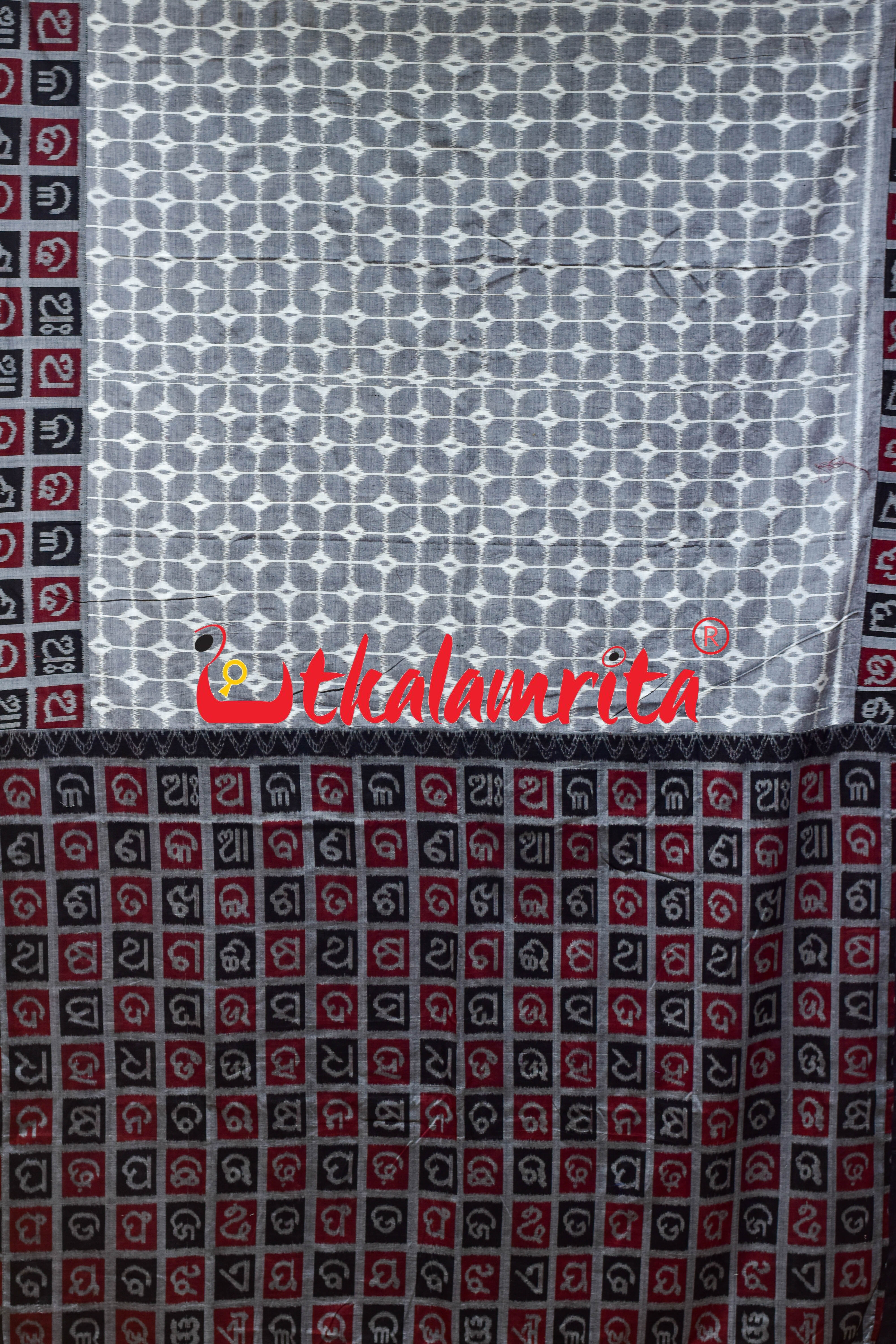 Grey Box Thikiri Ikat Odia Alphabets Designer Cotton Saree