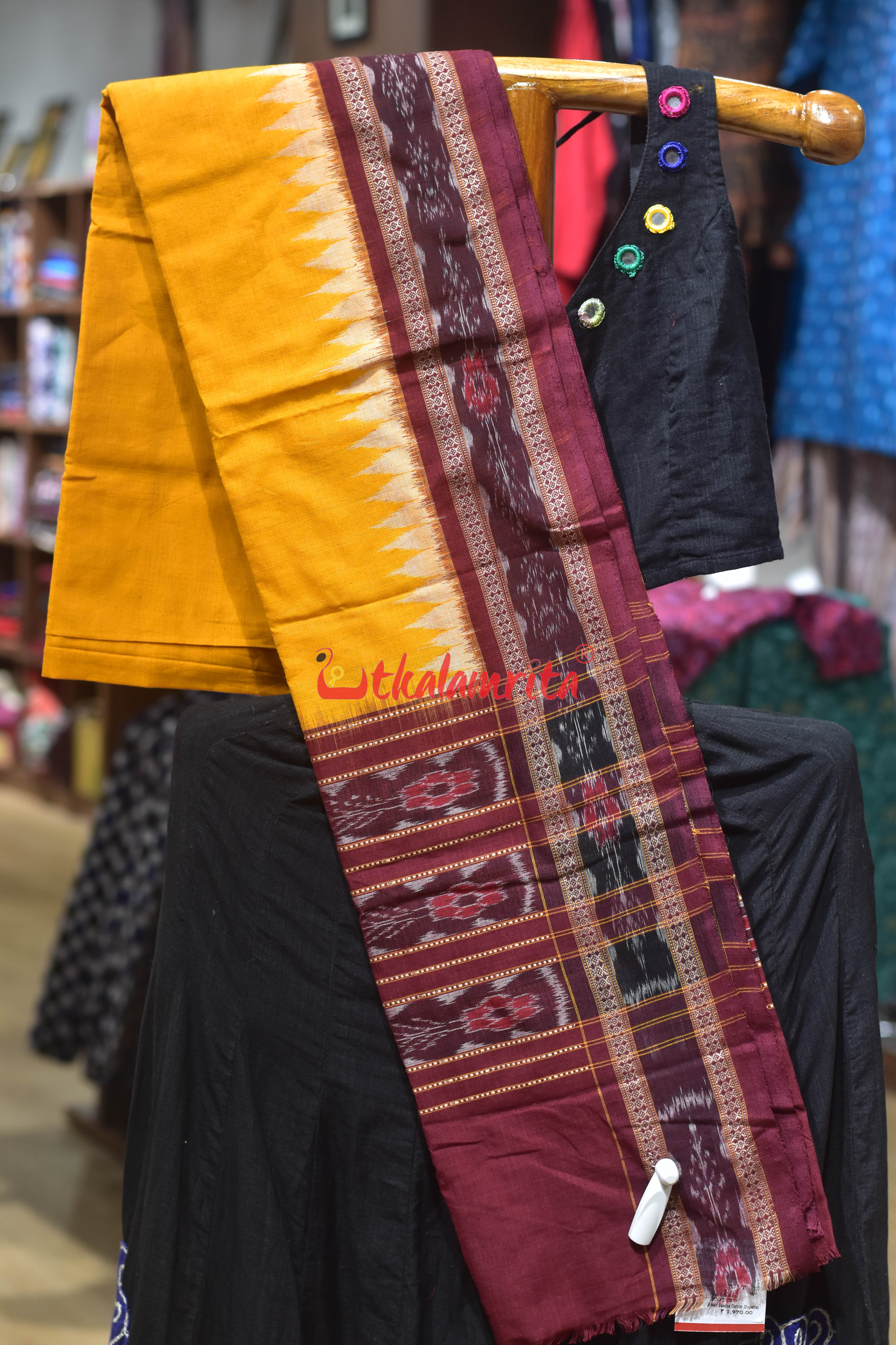 Yellow Maroon Flower Bandha Cotton (Dupatta)