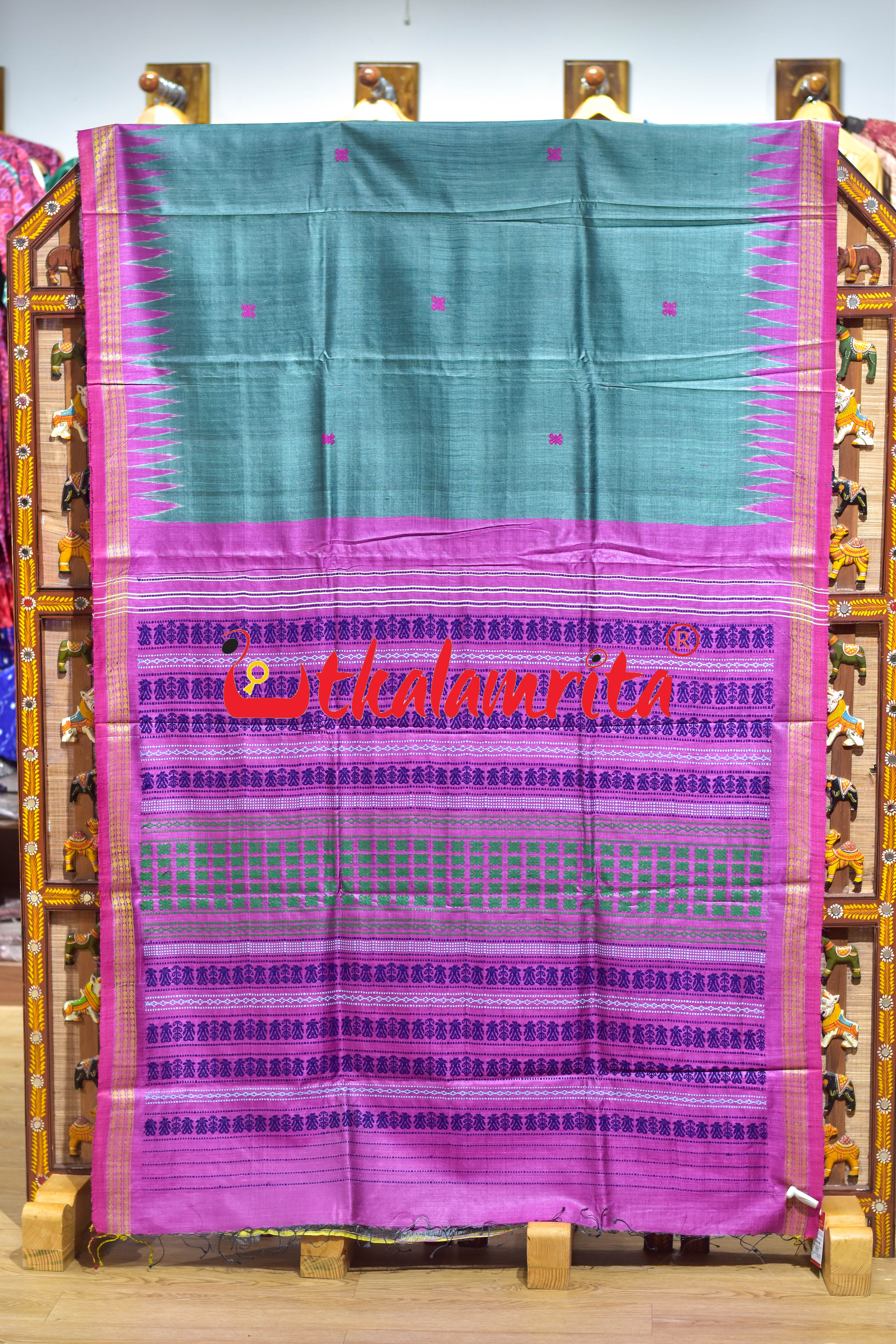 Smoky Green with Pink Dhadi Gopalpur Tussar Silk Saree