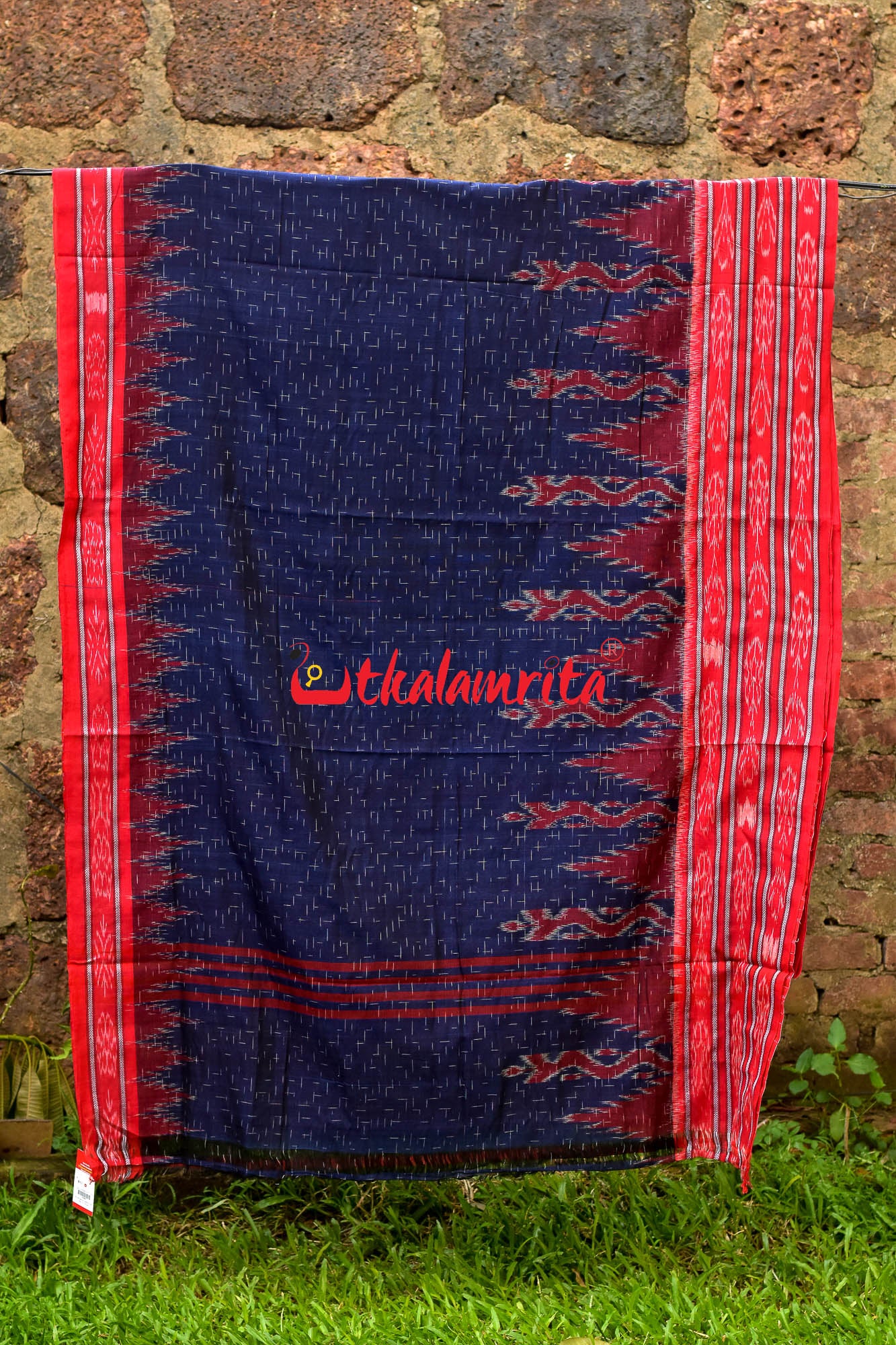 Blue Red Daali Scot Khandua Cotton Saree