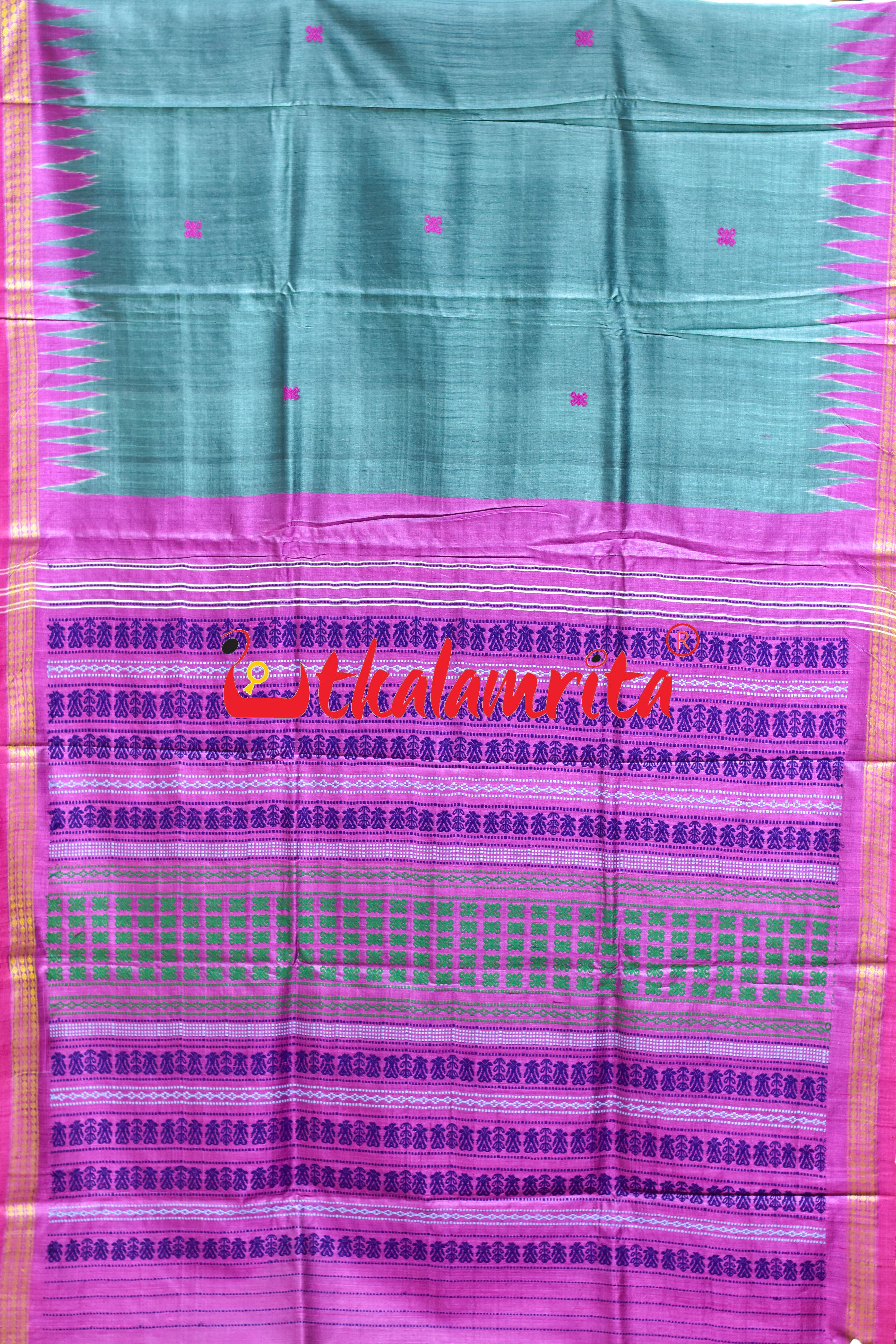 Smoky Green with Pink Dhadi Gopalpur Tussar Silk Saree