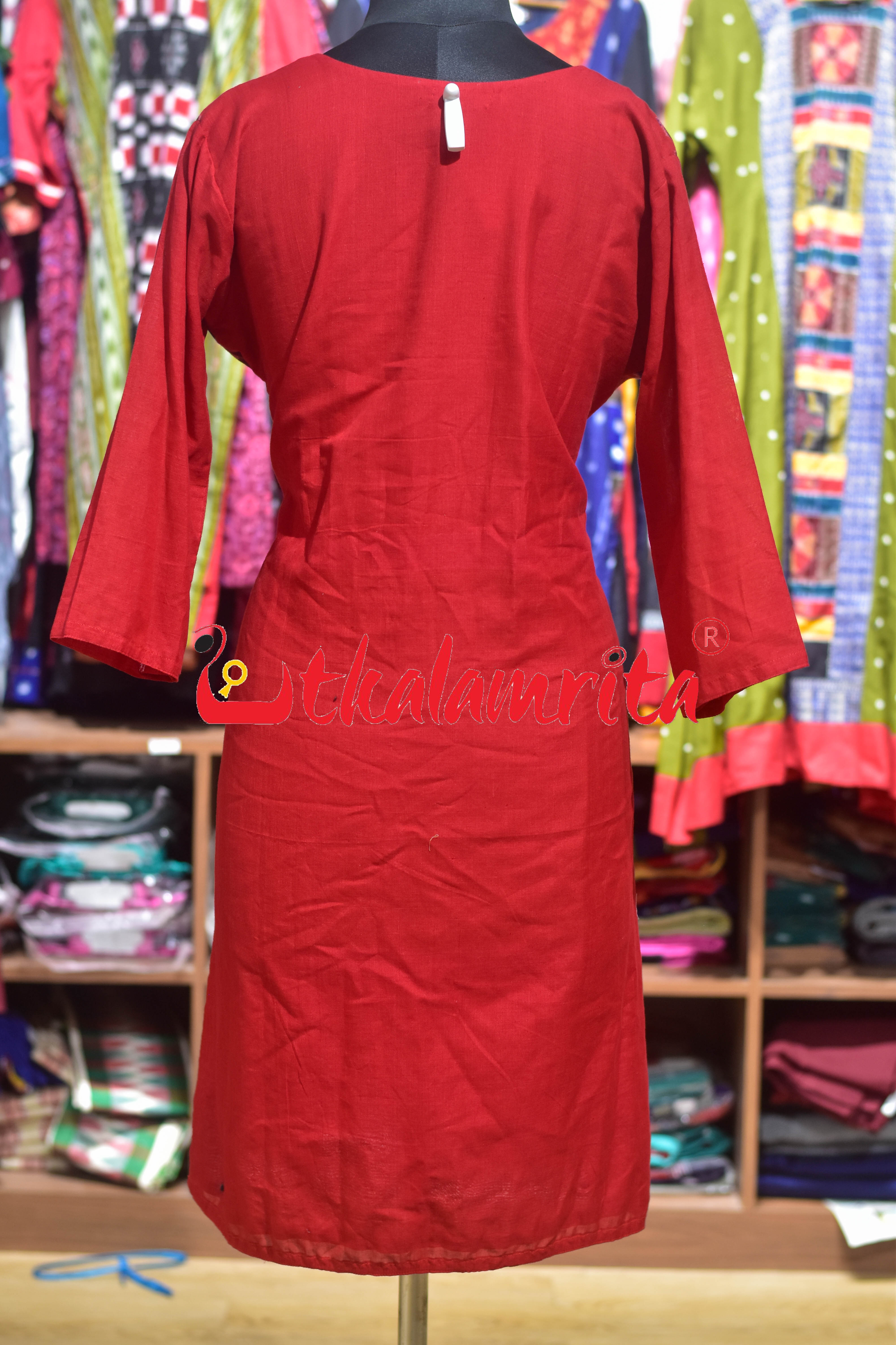 Plain Red with Front 3D Design (Ladies' Kurta)