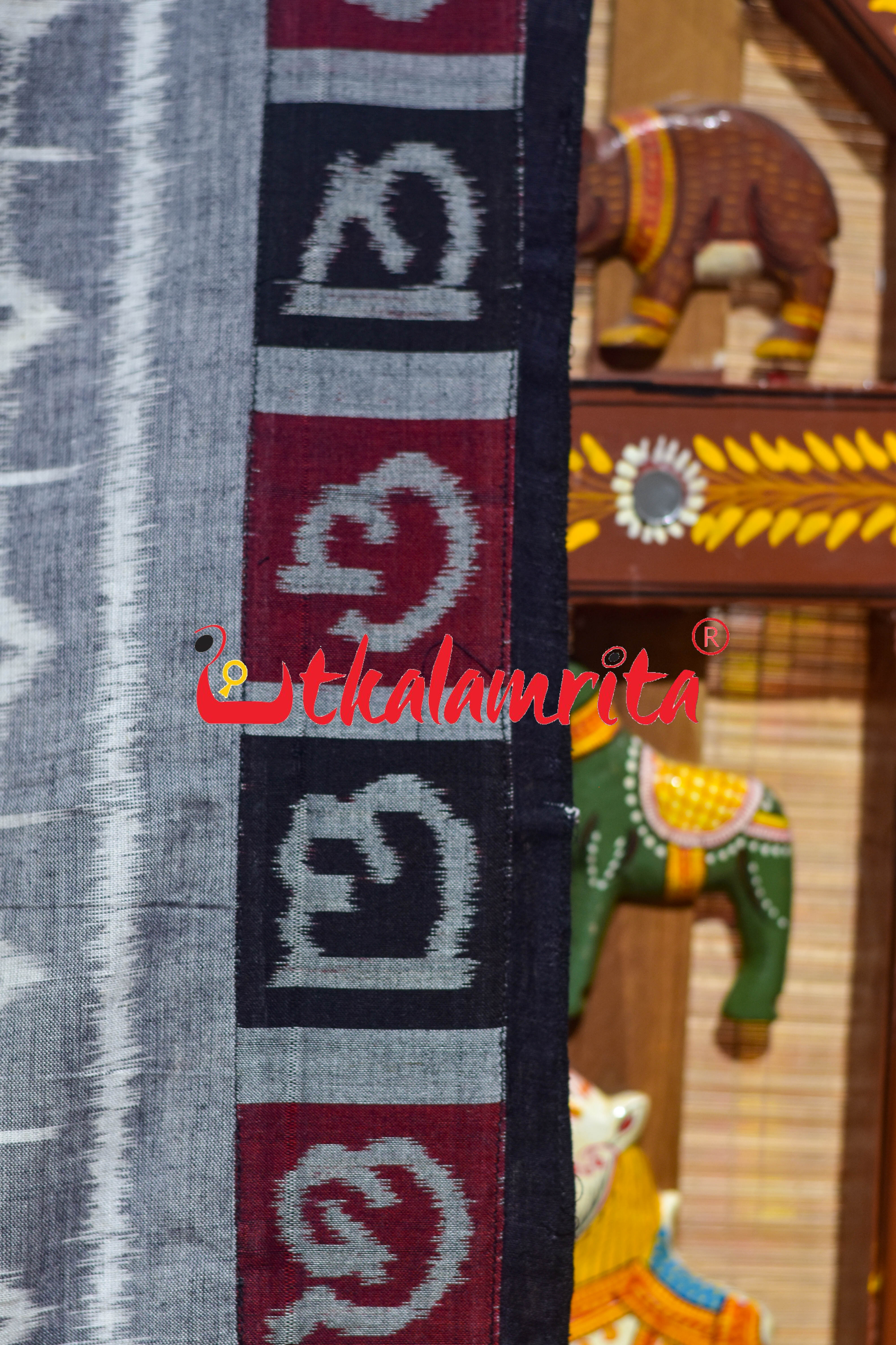 Grey Box Thikiri Ikat Odia Alphabets Designer Cotton Saree