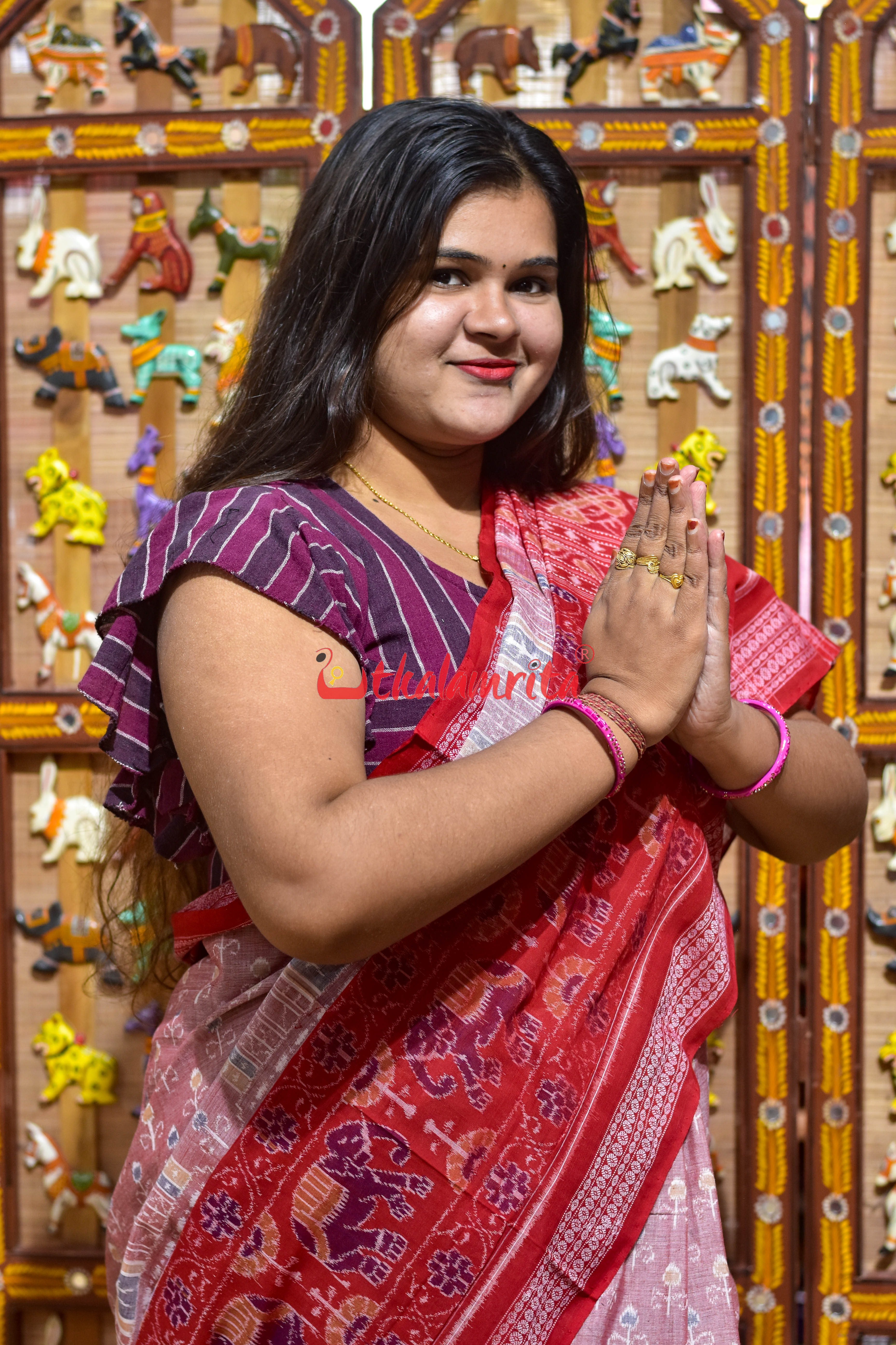 Pink Konark with Elephant Border Sambalpuri Cotton Saree