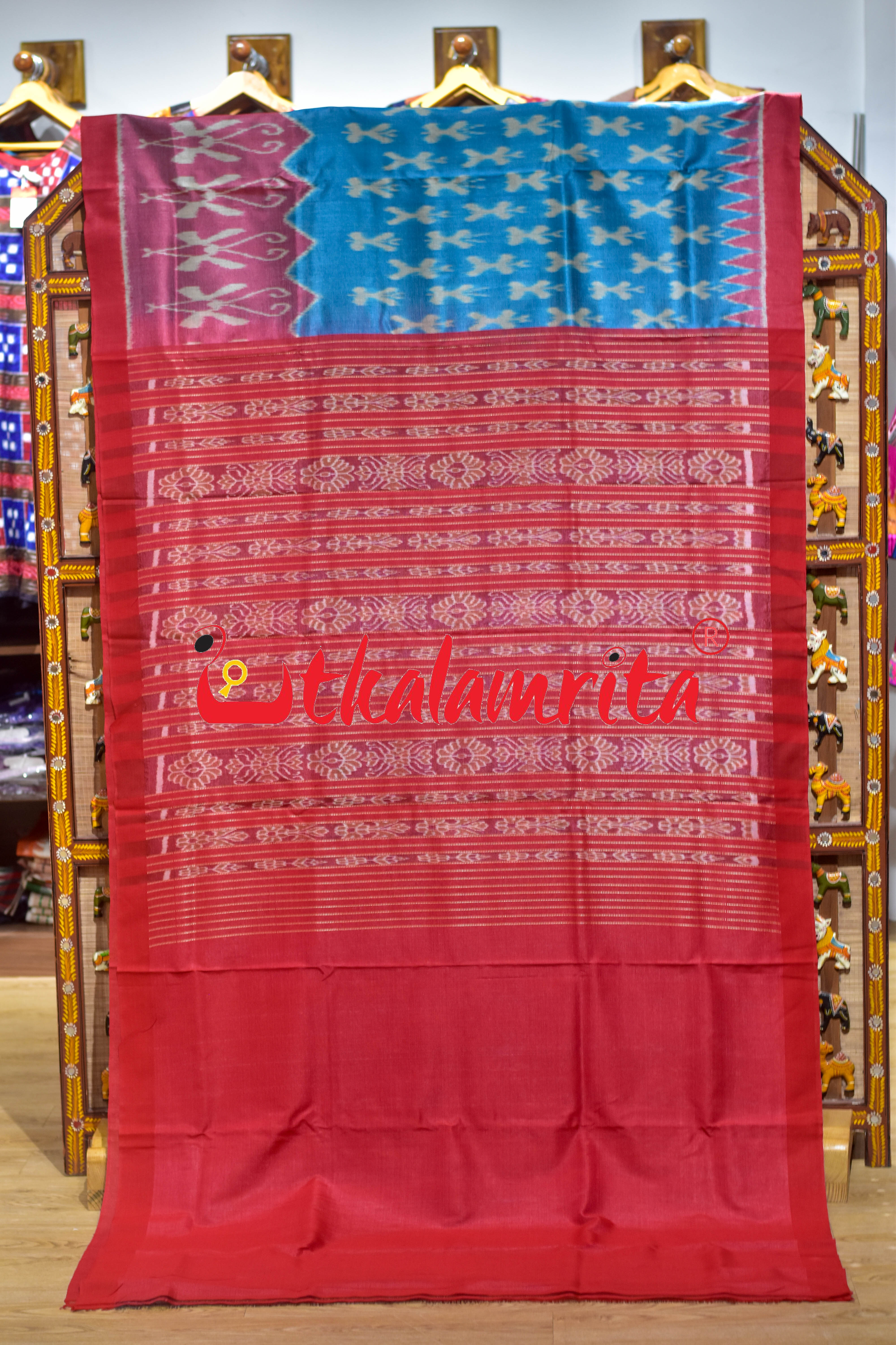 Baby Blue Red Butterfly Border Body Ikat Gopalpur Tussar Silk Saree