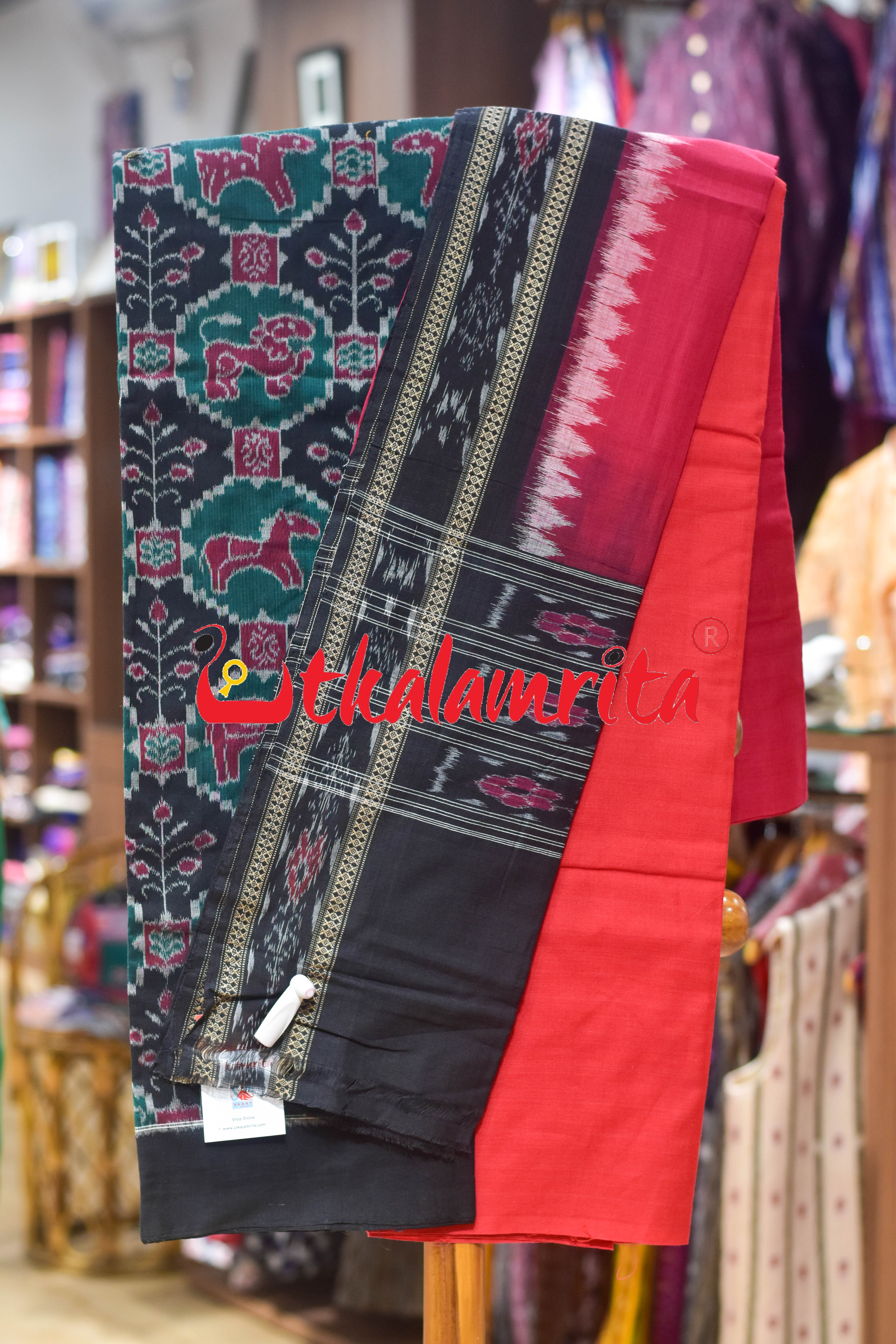 Black Red Body Animal Sambalpuri Cotton Dress Set