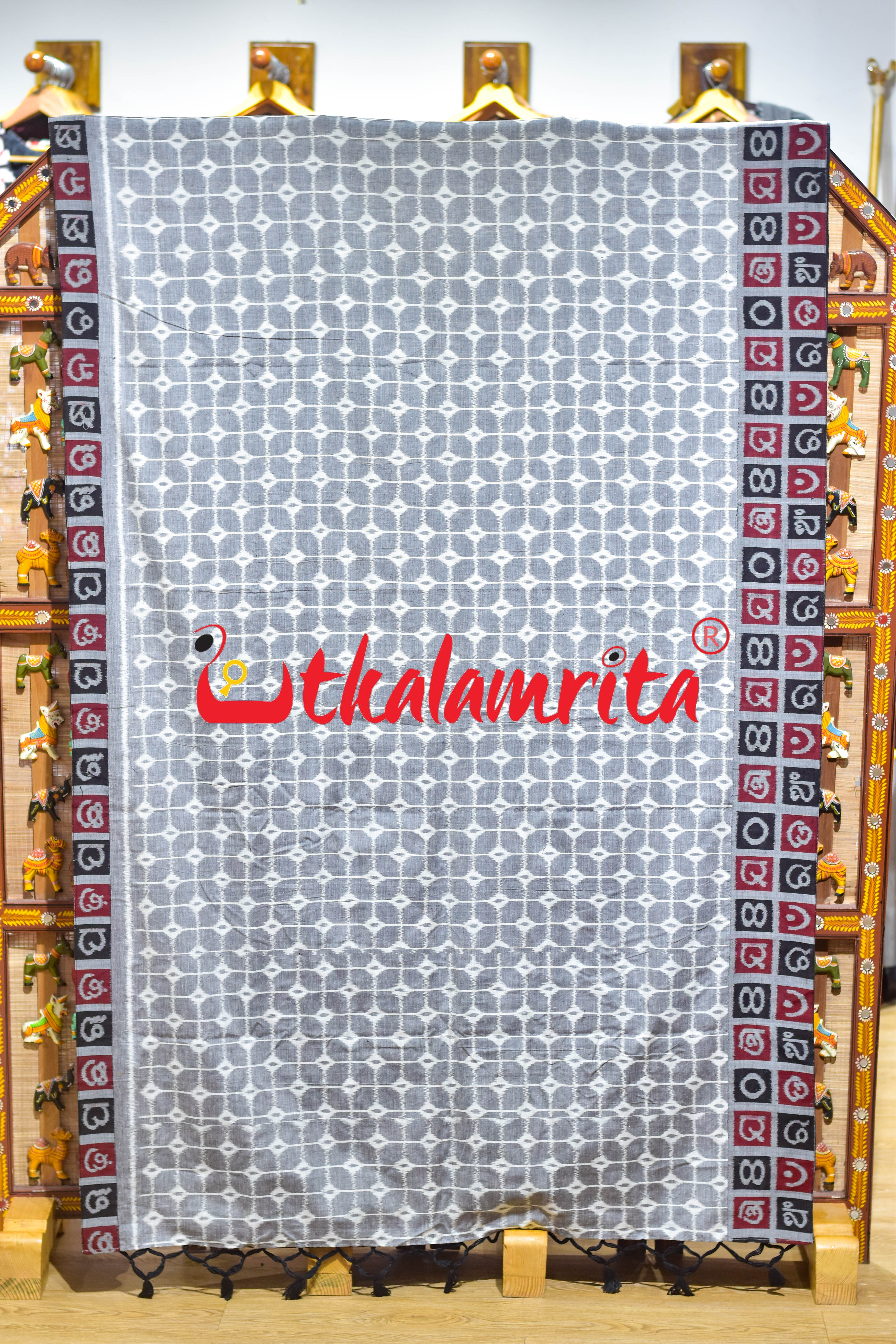 Grey Box Thikiri Ikat Odia Alphabets Designer Cotton Saree