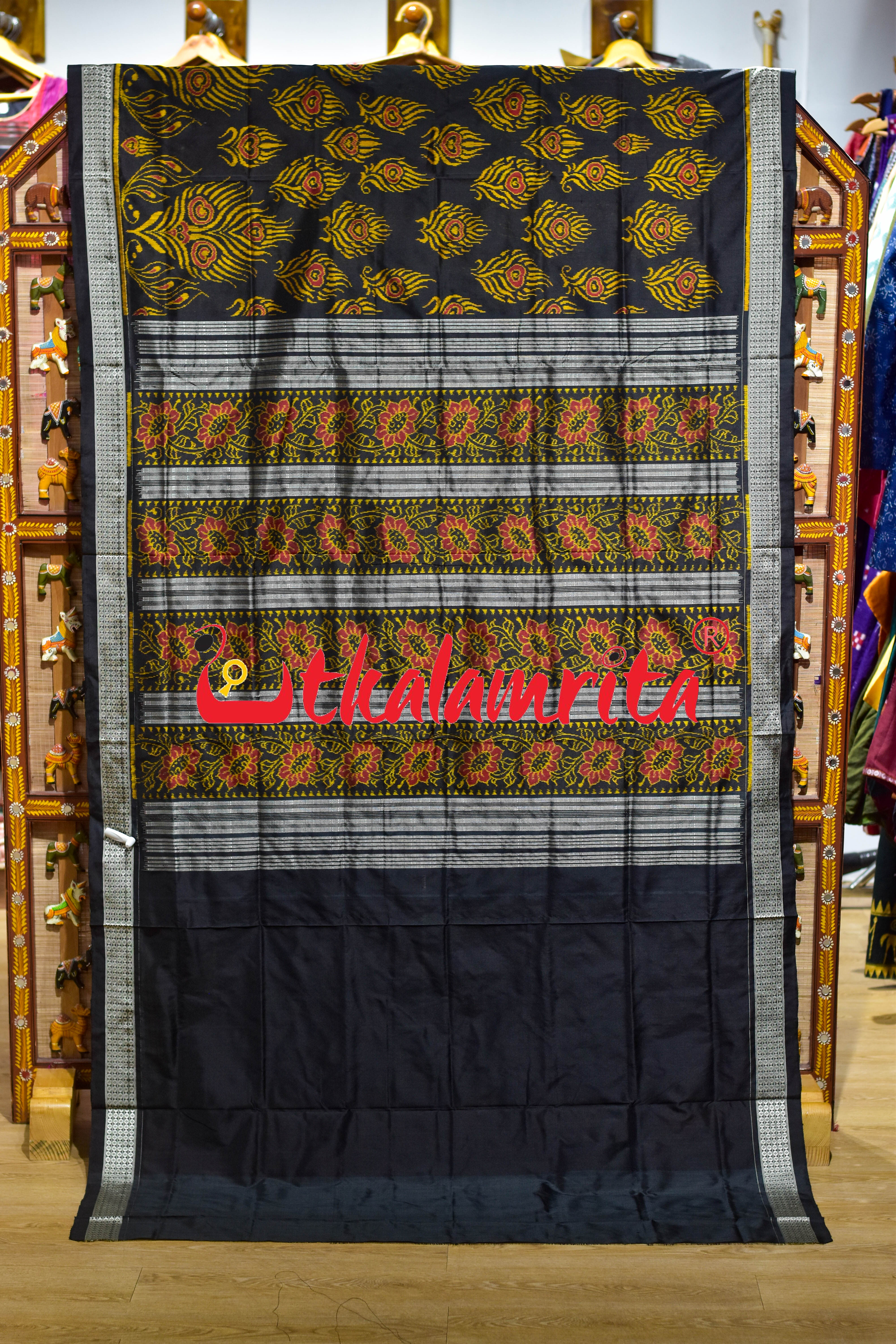 Black Golden Mayurapucha Sambalpuri Silk Saree