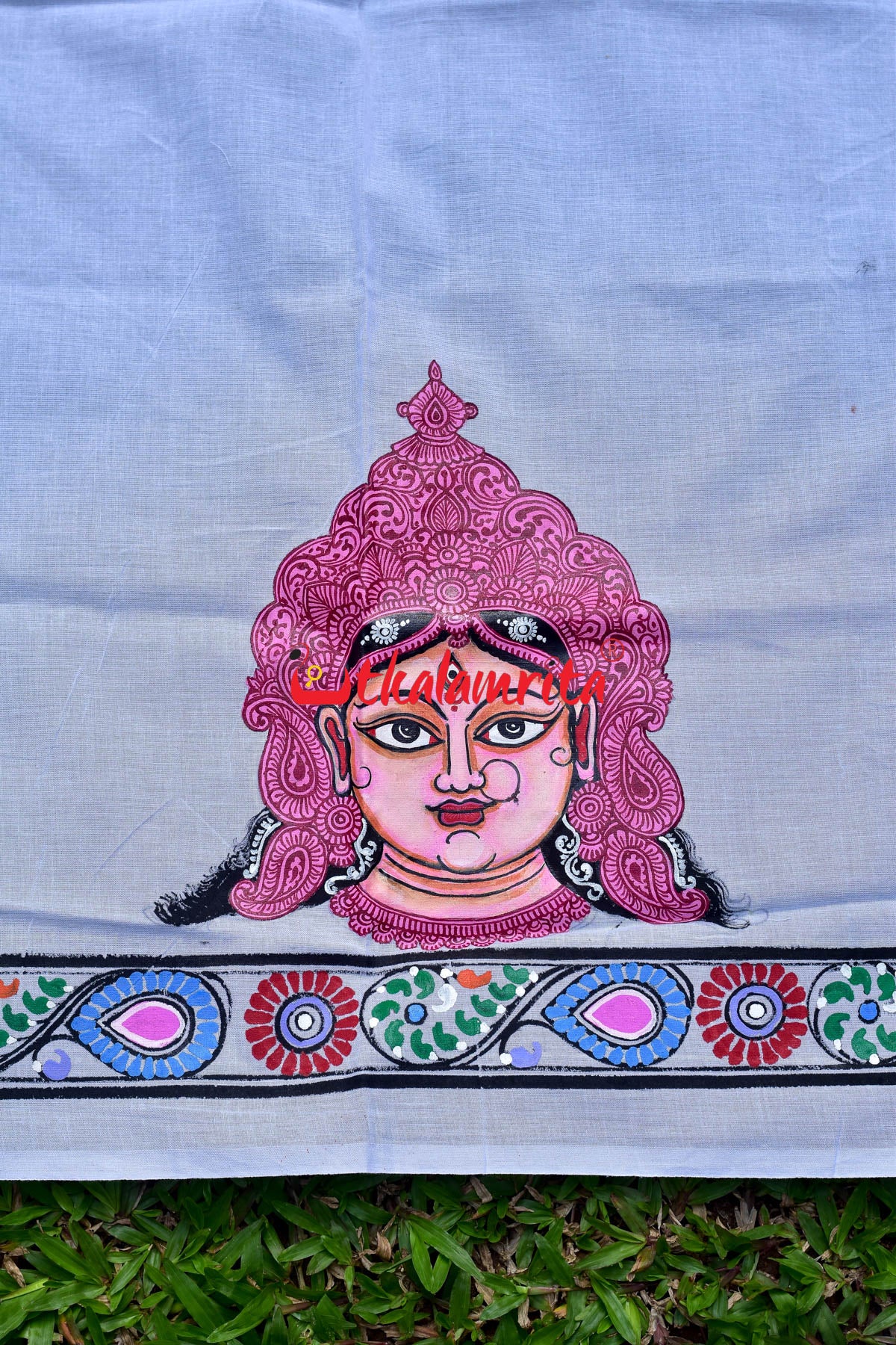 White Durga Pattachitra (Blouse Piece)