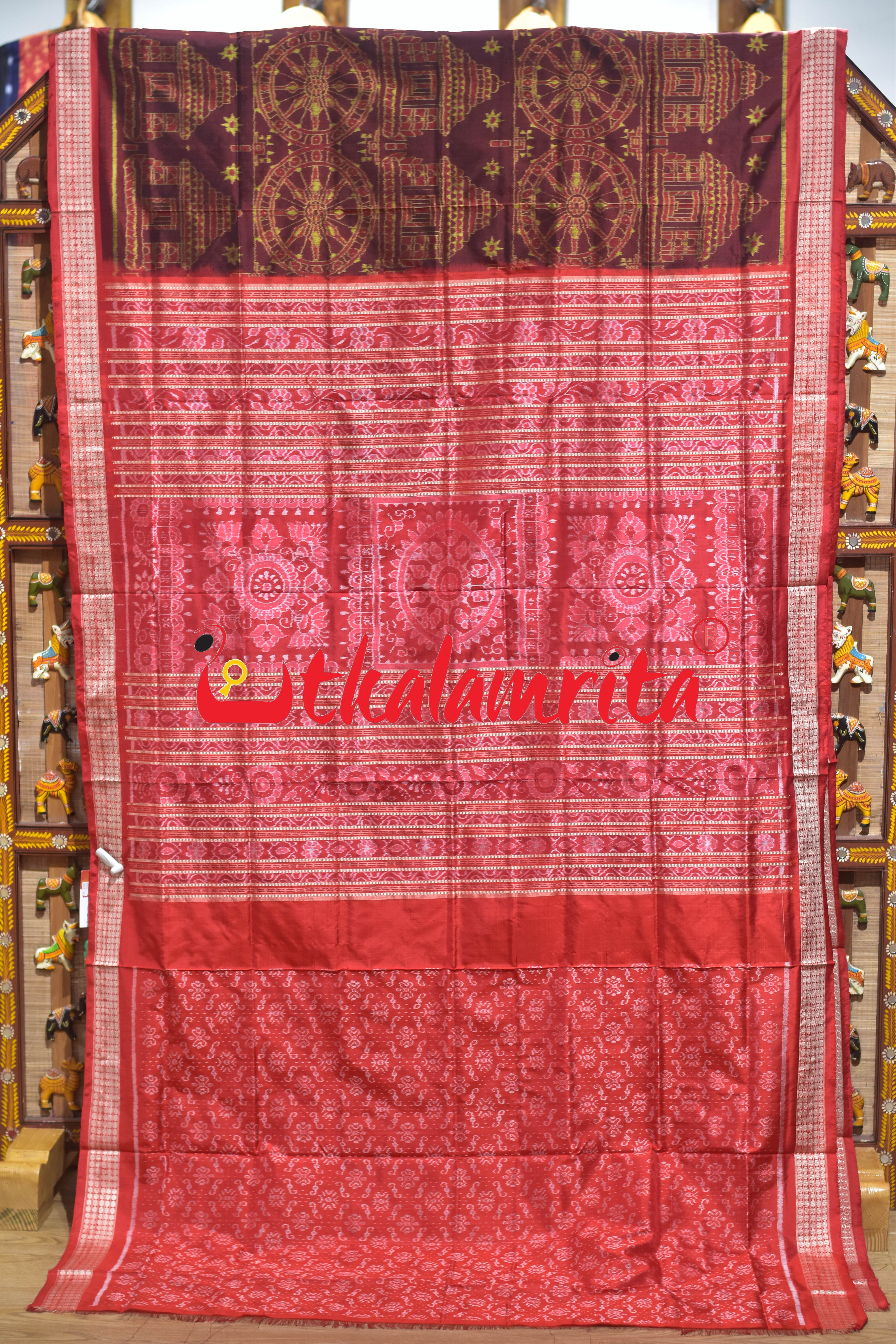 Coffee Red Konark Temple Sambalpuri Silk Saree